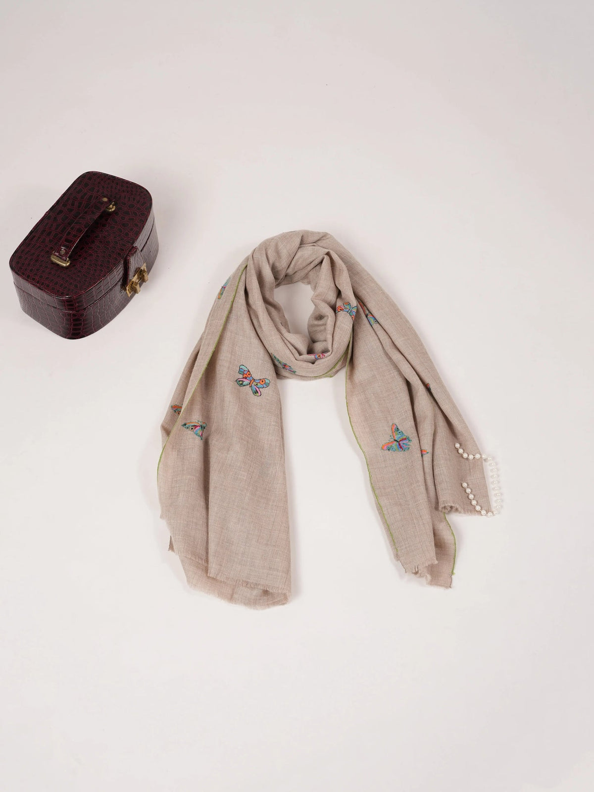 Natural Beige Pure  Pashmina Shawl with Butterfly Embroidery