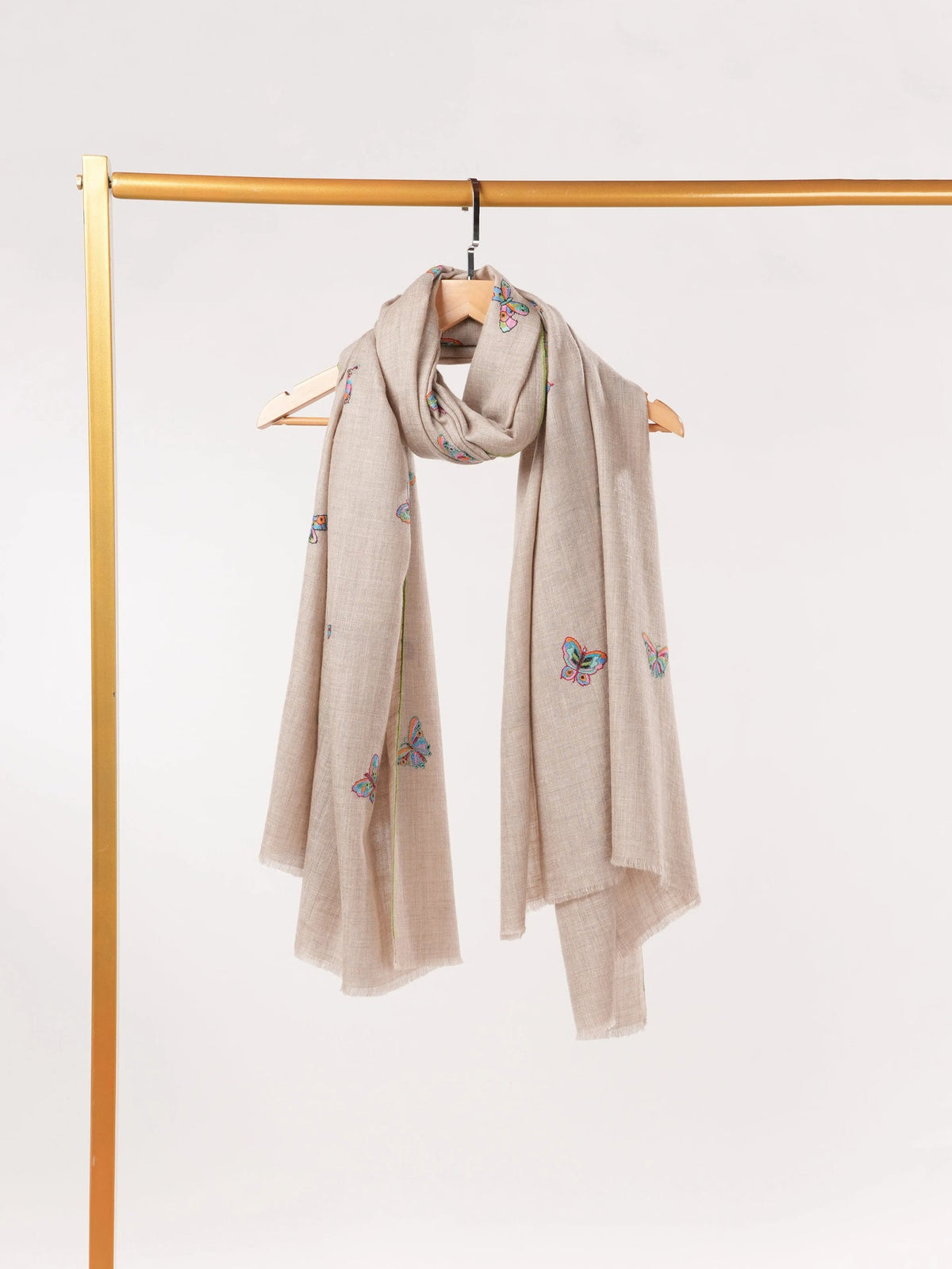 Natural Beige Pure  Pashmina Shawl with Butterfly Embroidery