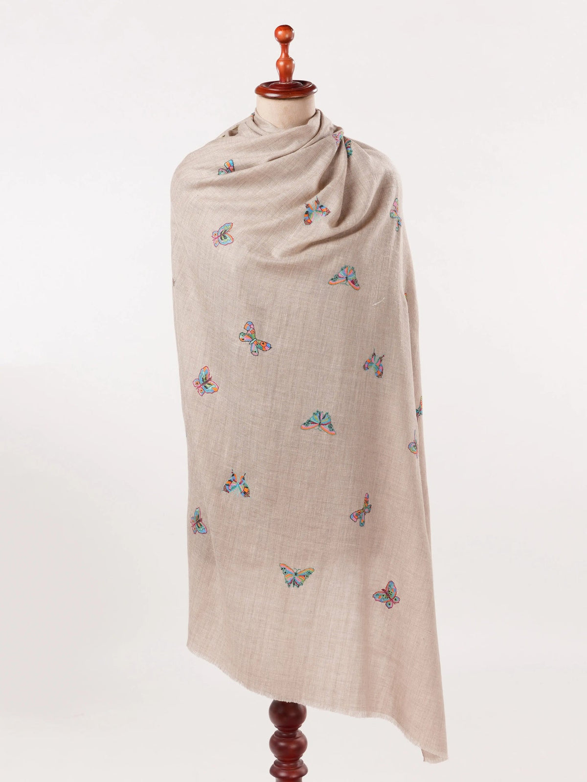 Natural Beige Pure  Pashmina Shawl with Butterfly Embroidery