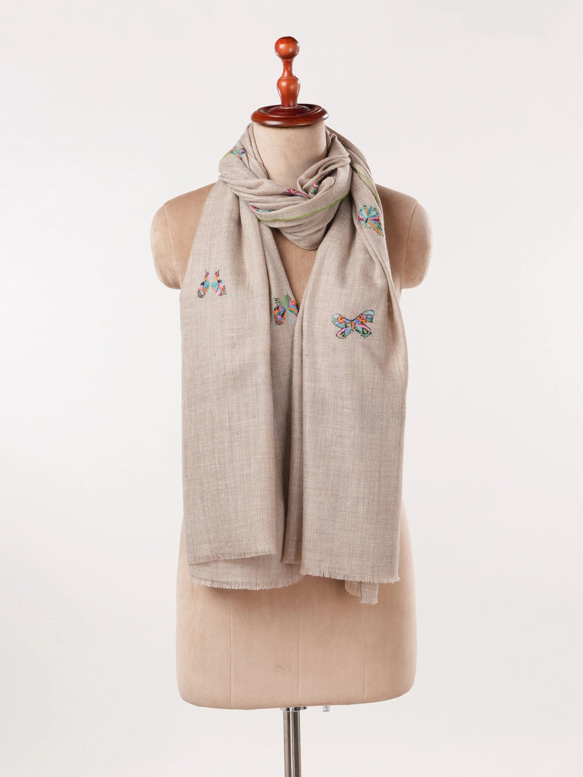 Natural Beige Pure  Pashmina Shawl with Butterfly Embroidery