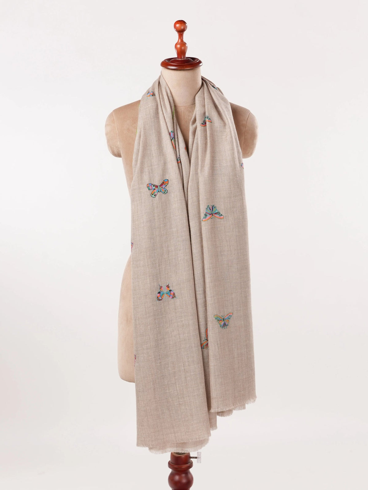 Natural Beige Pure  Pashmina Shawl with Butterfly Embroidery