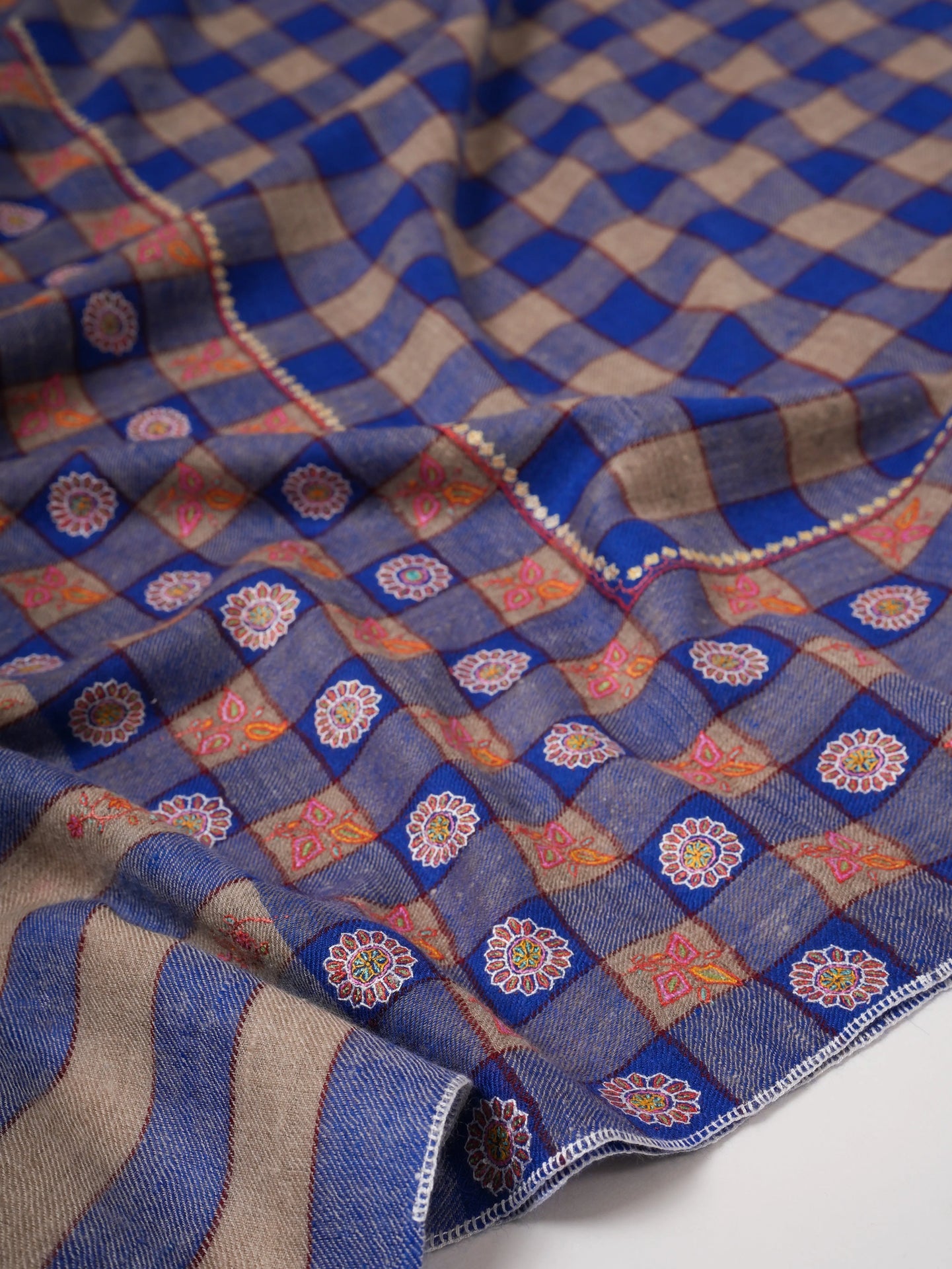 Blue Check Pashmina Shawl – Handwoven with Sozni Embroidery Shahkaar