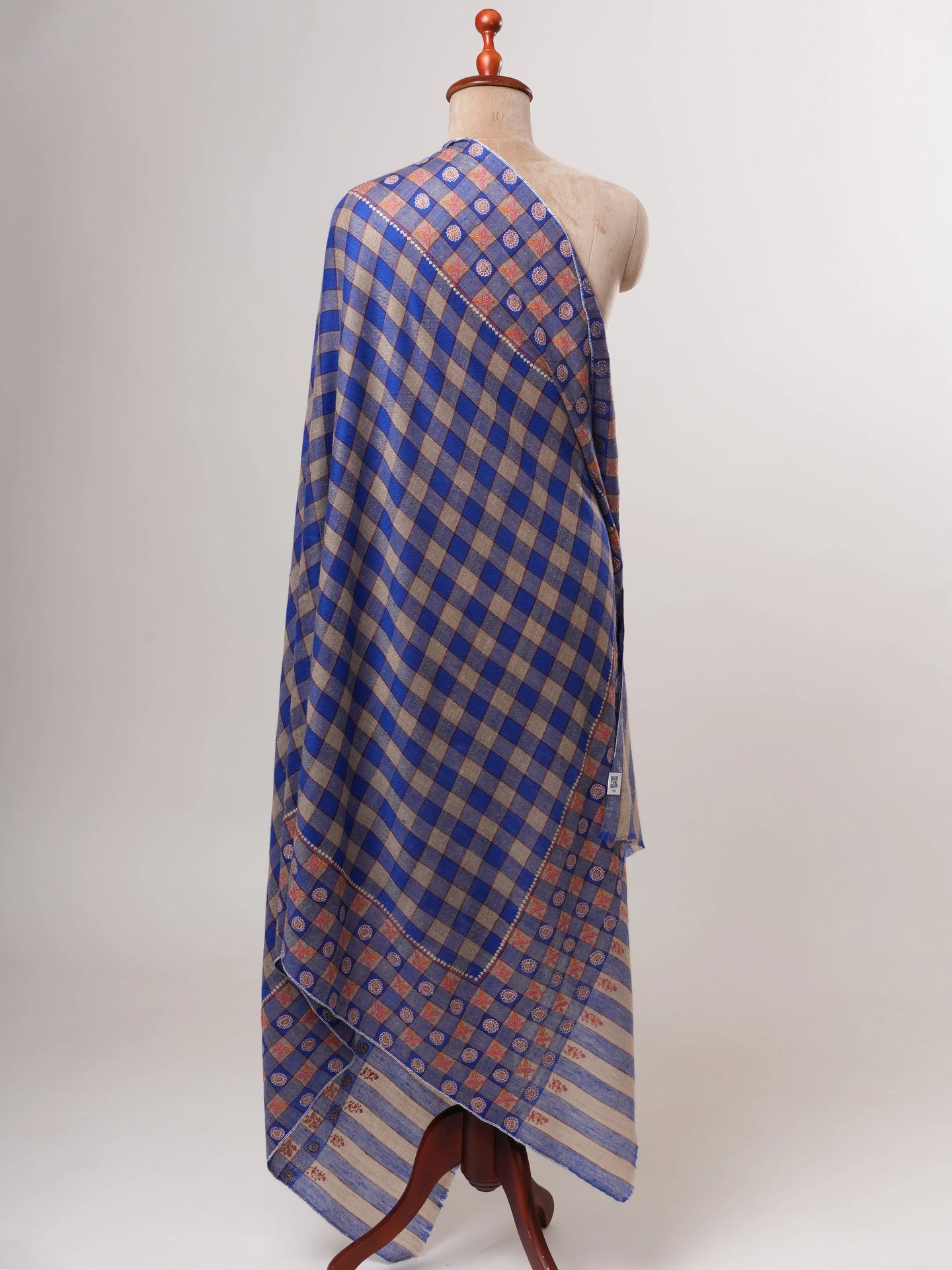 Blue Check Pashmina Shawl – Handwoven with Sozni Embroidery Shahkaar