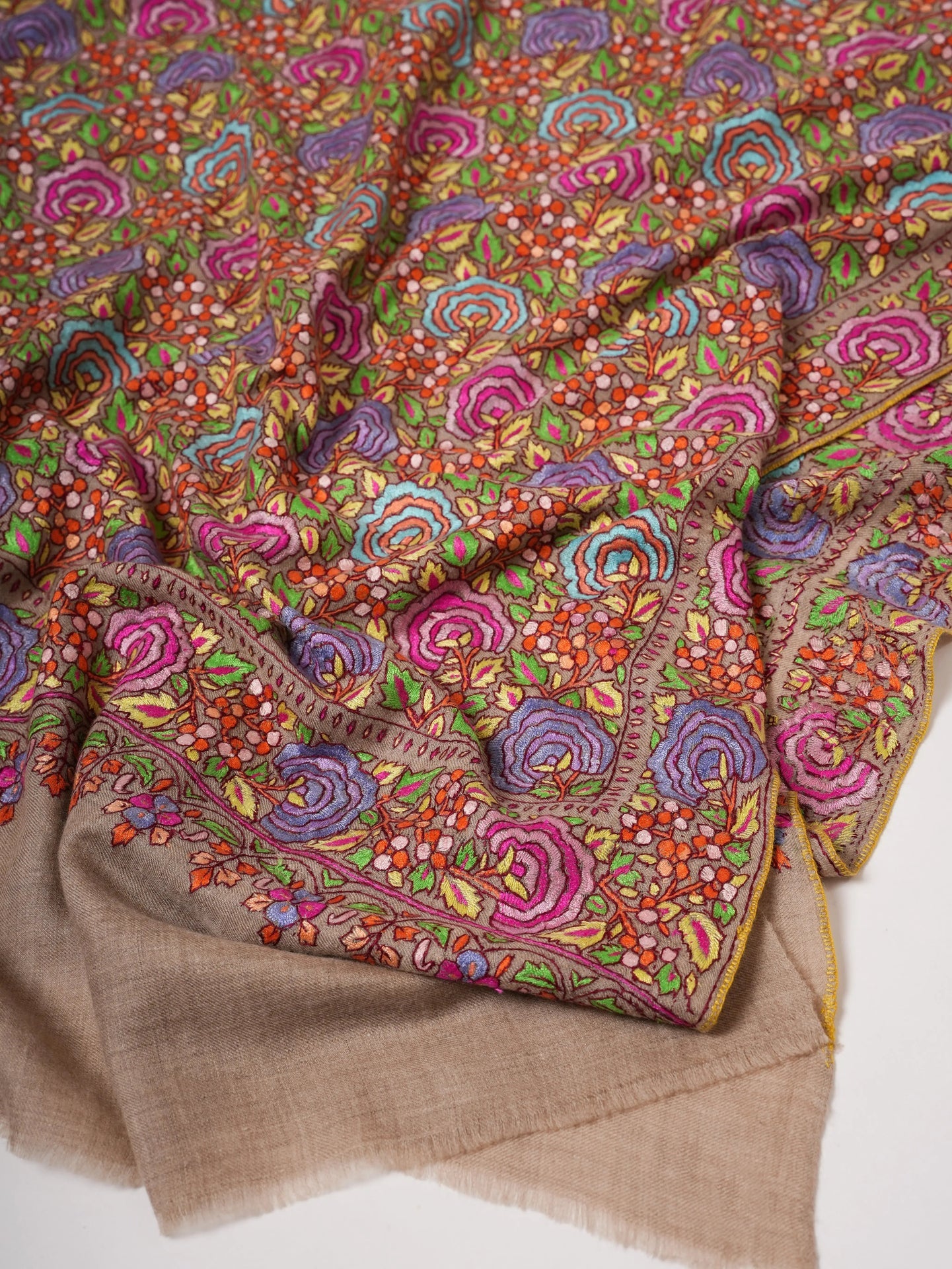 Natural Grey Pashmina Shawl with Floral Papier Mâché Hand Embroidery Shahkaar
