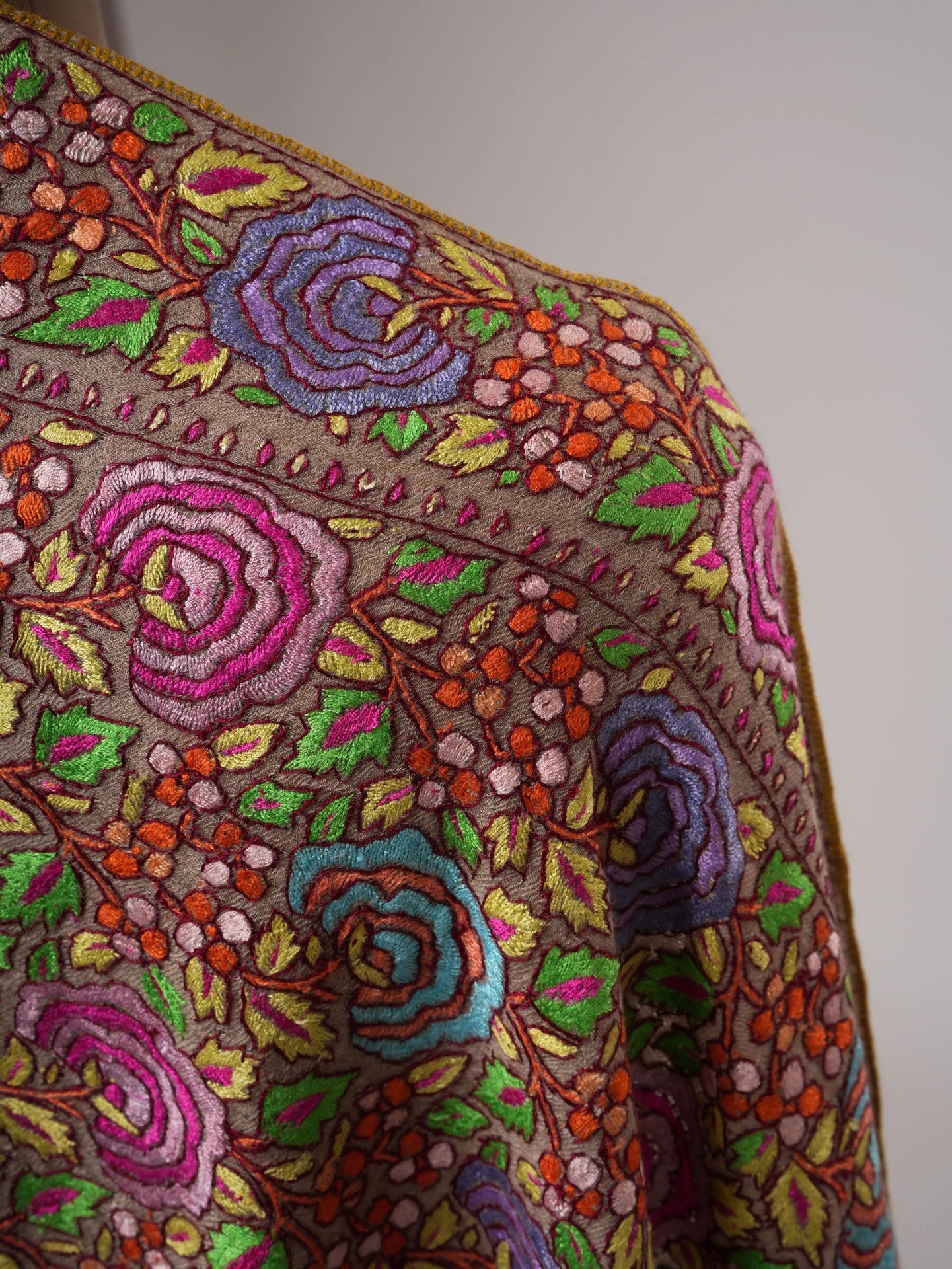 Natural Grey Pashmina Shawl with Floral Papier Mâché Hand Embroidery Shahkaar
