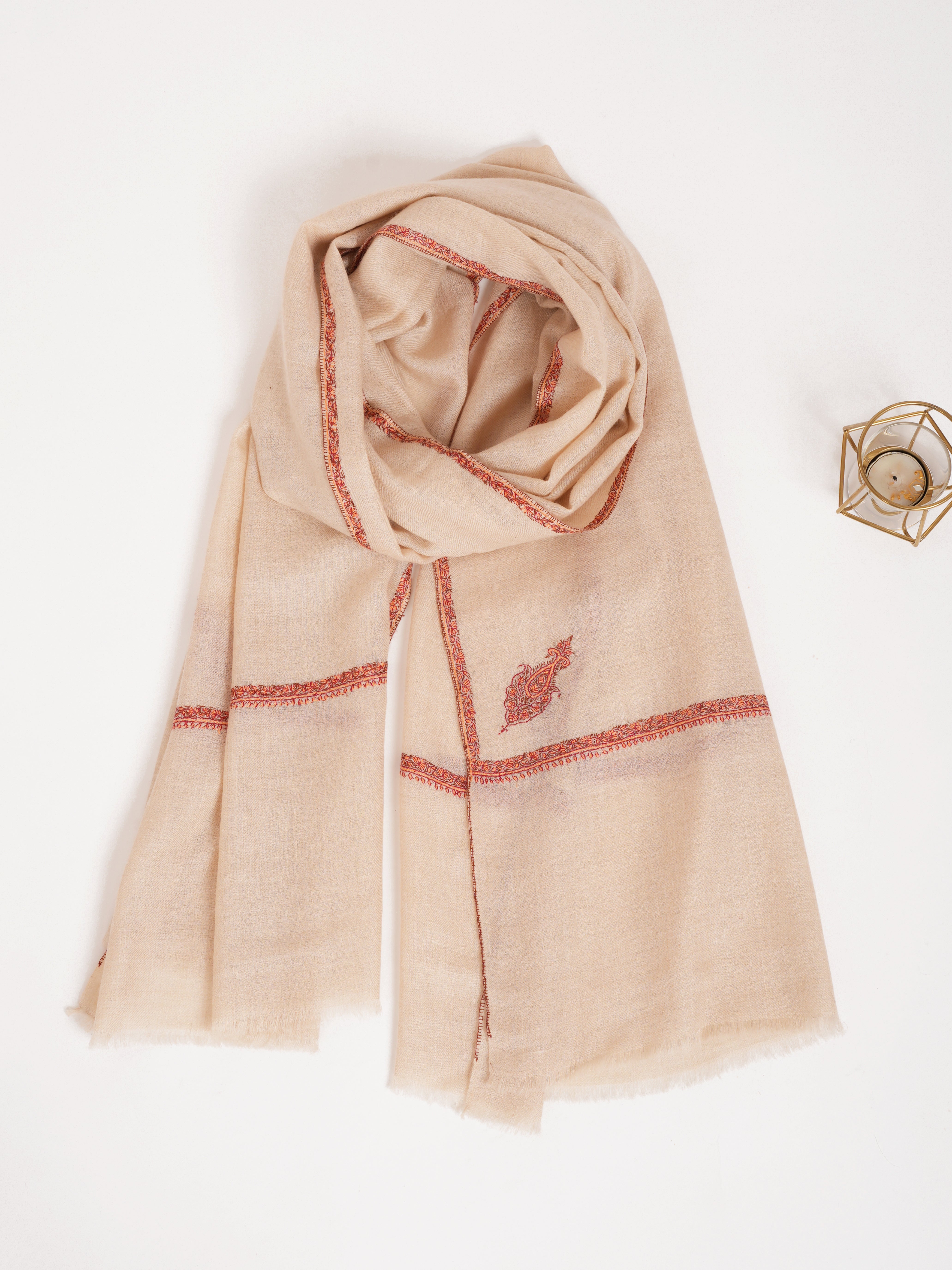 Cream Color Sozni Embroidered Cashmere Wrap