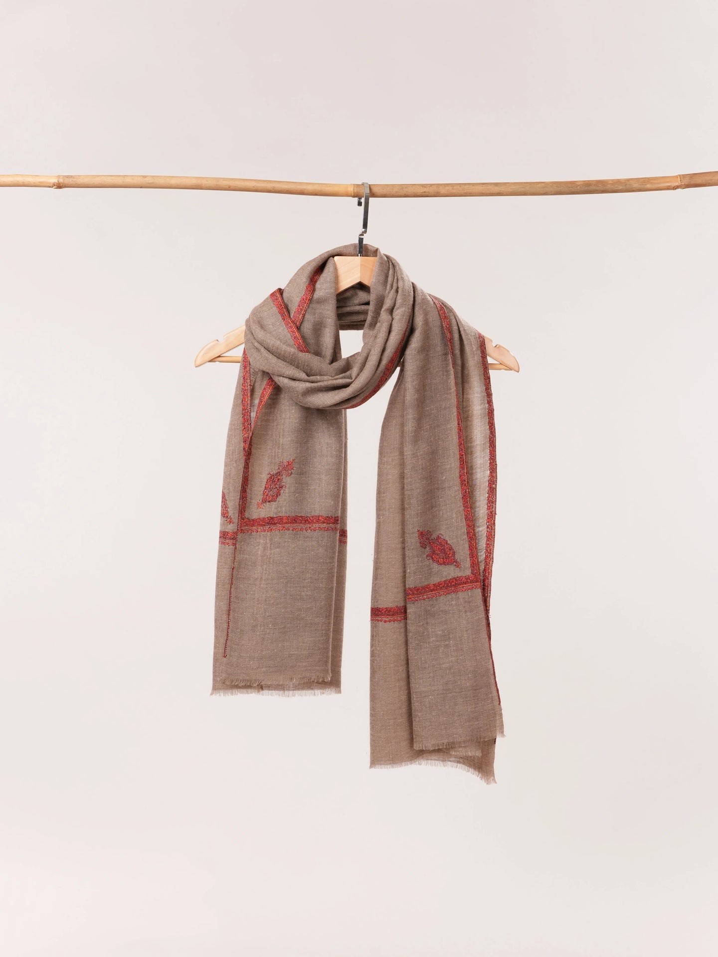 Rare Dark Taupe Baby Soft Cashmere Scarf with Hand Embroidery Shahkaar.com