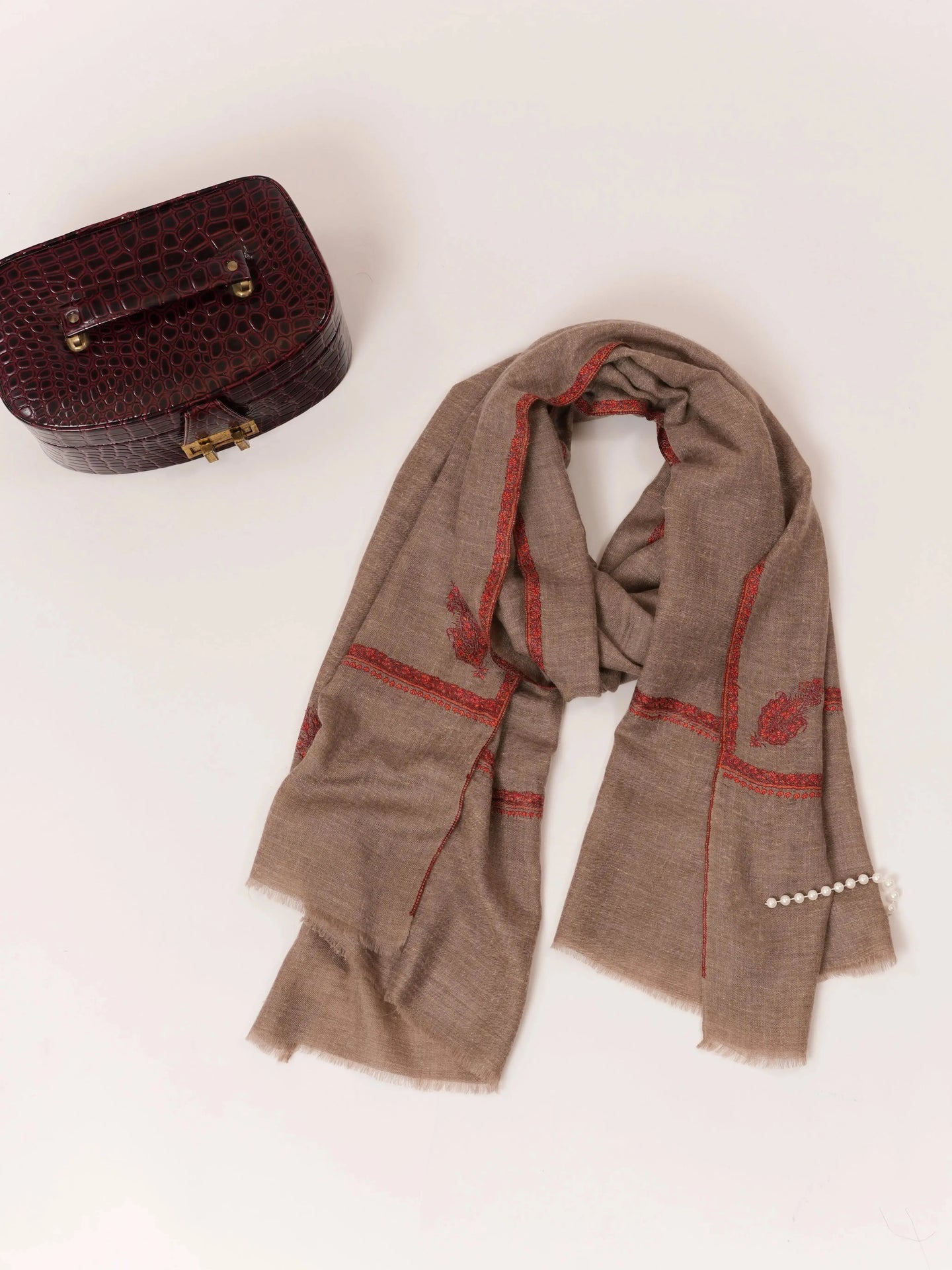 Rare Dark Taupe Baby Soft Cashmere Scarf with Hand Embroidery Shahkaar.com
