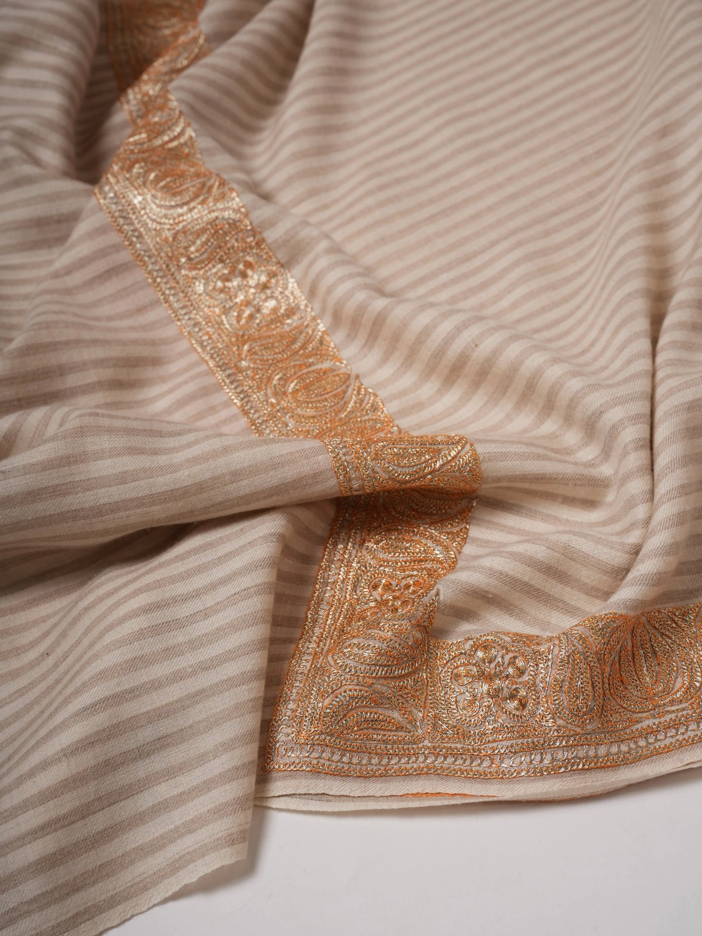 Striped Pashmina Shawl with Tilla Daurdar Hand Embroidery Shahkaar