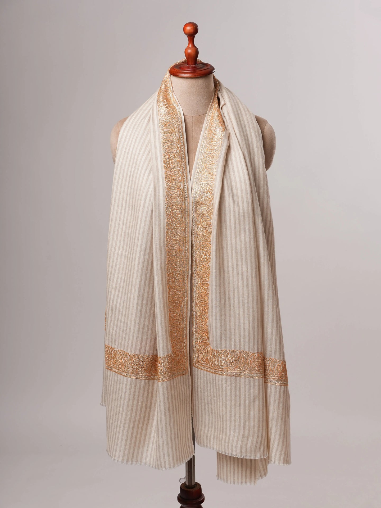 Striped Pashmina Shawl with Tilla Daurdar Hand Embroidery Shahkaar