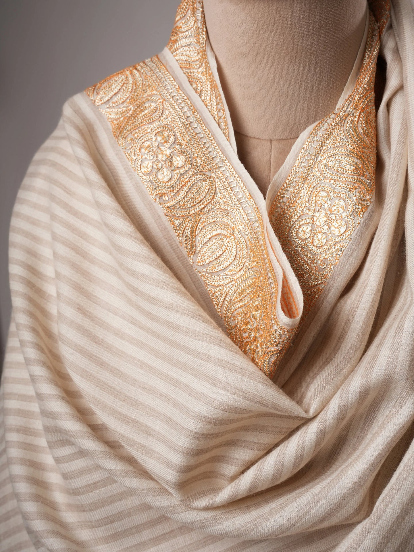 Striped Pashmina Shawl with Tilla Daurdar Hand Embroidery Shahkaar