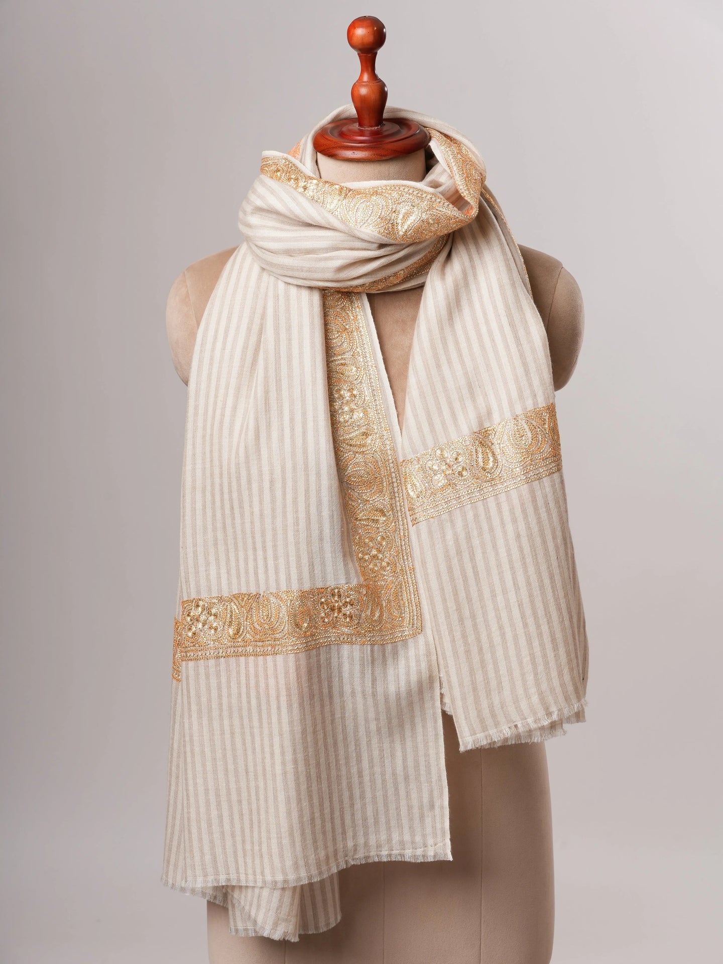 Striped Pashmina Shawl with Hand Embroidered Tilla Work in Floral Paisley Motifs Shahkaar