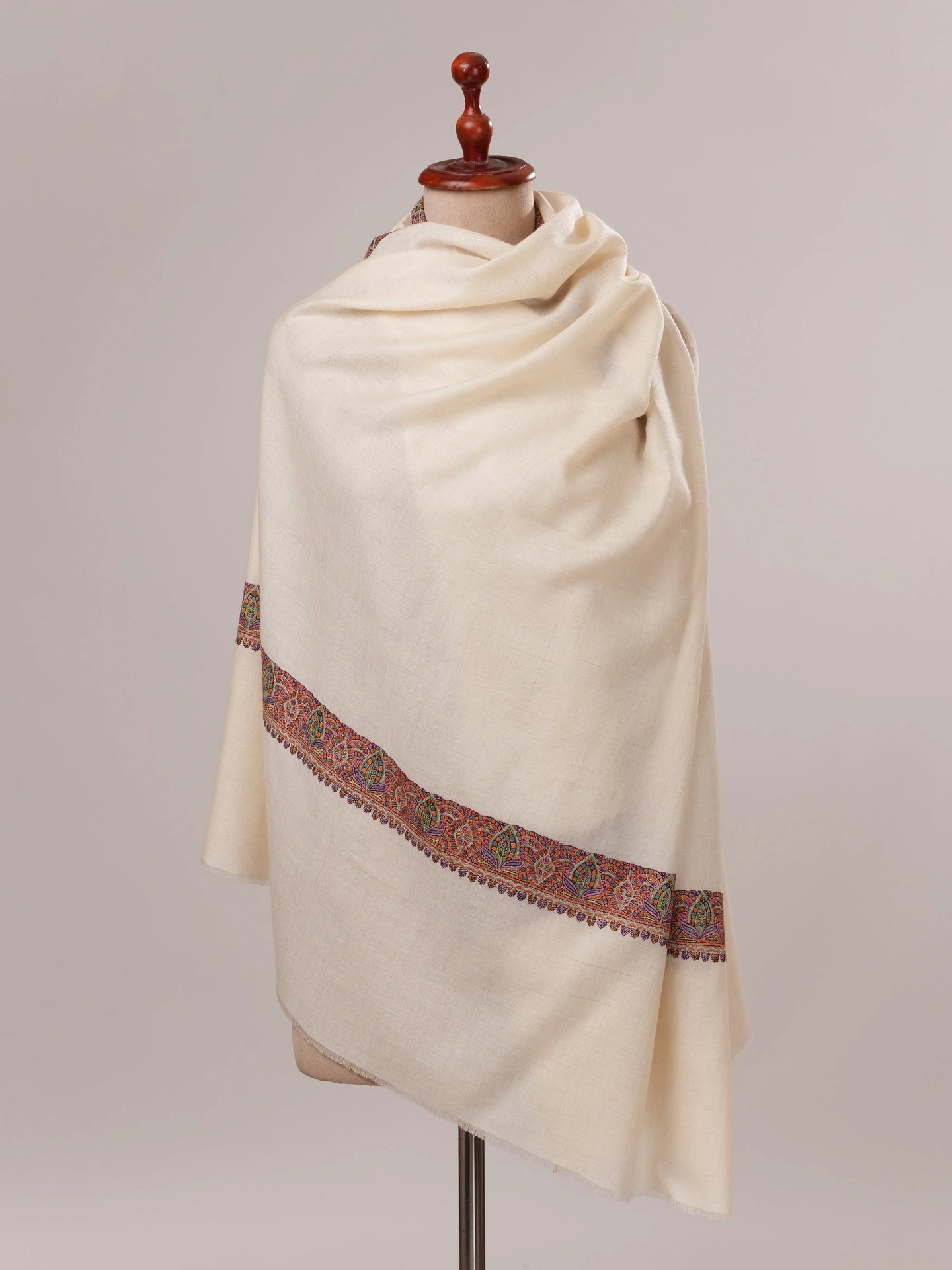Hand Embroidered Off White Neemdaur Pure Pashmina Shawl Shahkaar.com