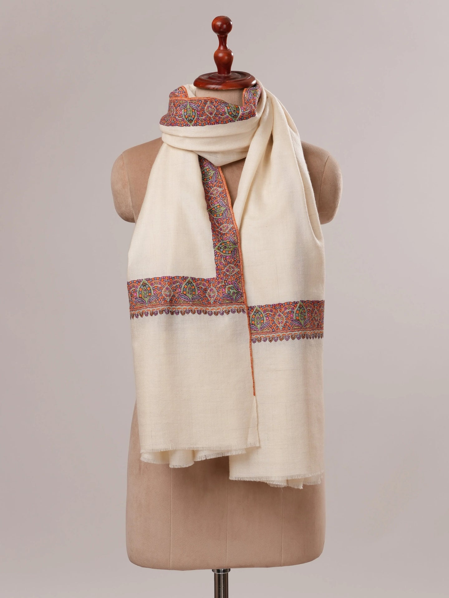Hand Embroidered Off White Neemdaur Pure Pashmina Shawl Shahkaar.com