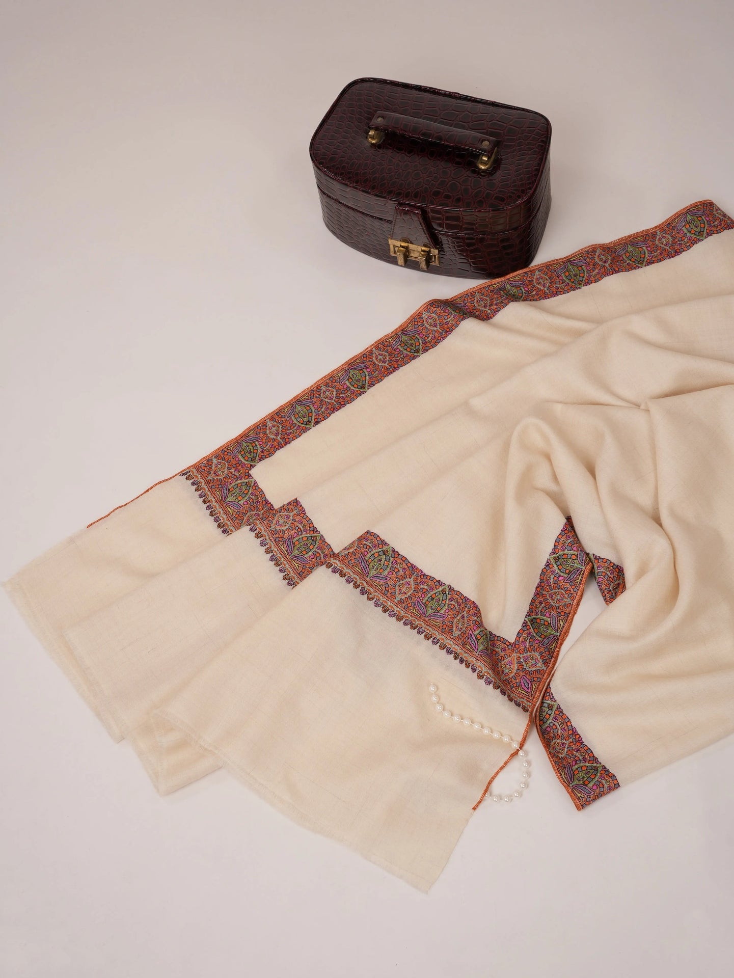 Hand Embroidered Off White Neemdaur Pure Pashmina Shawl Shahkaar.com
