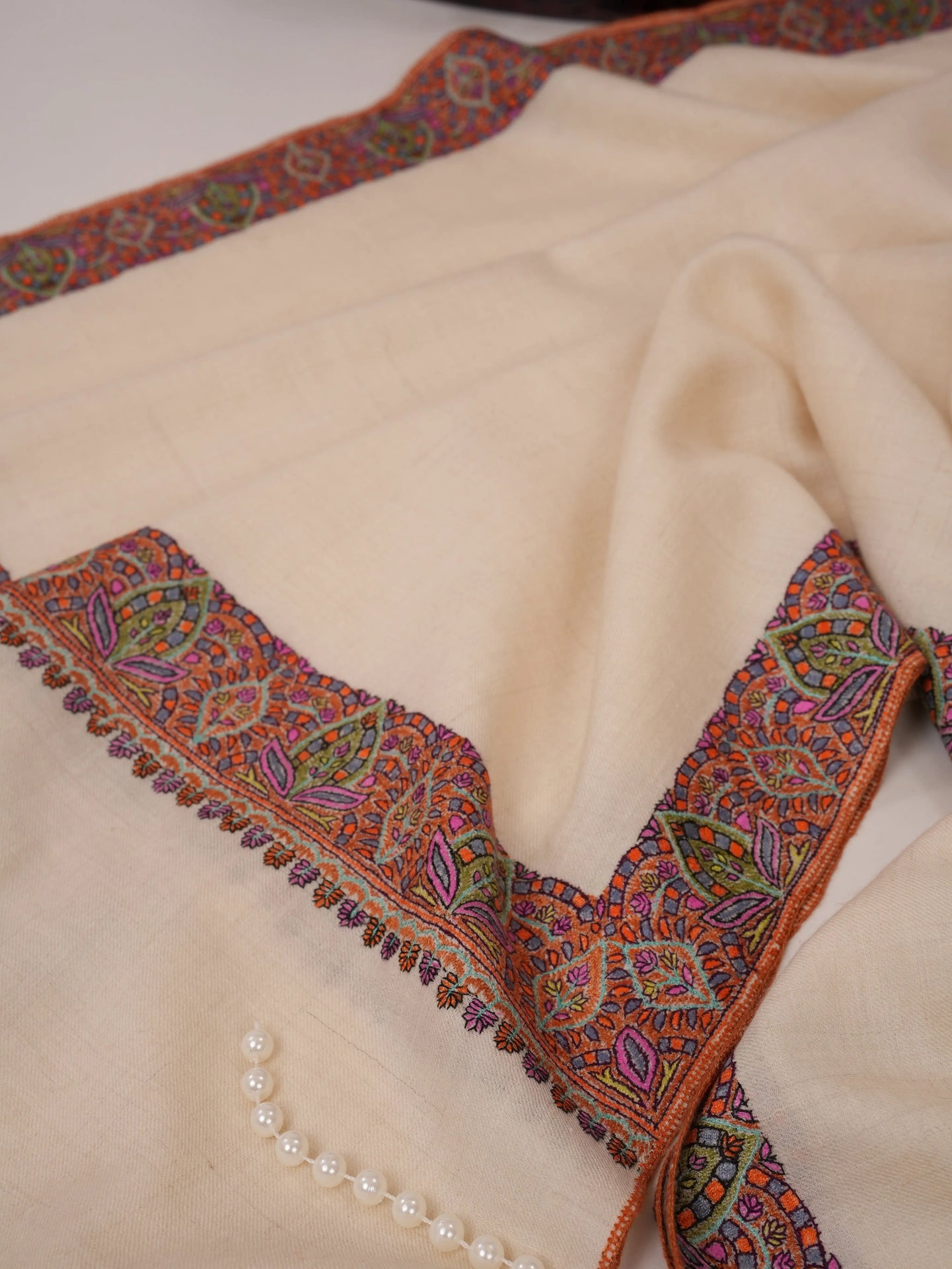 Hand Embroidered Off White Neemdaur Pure Pashmina Shawl Shahkaar.com
