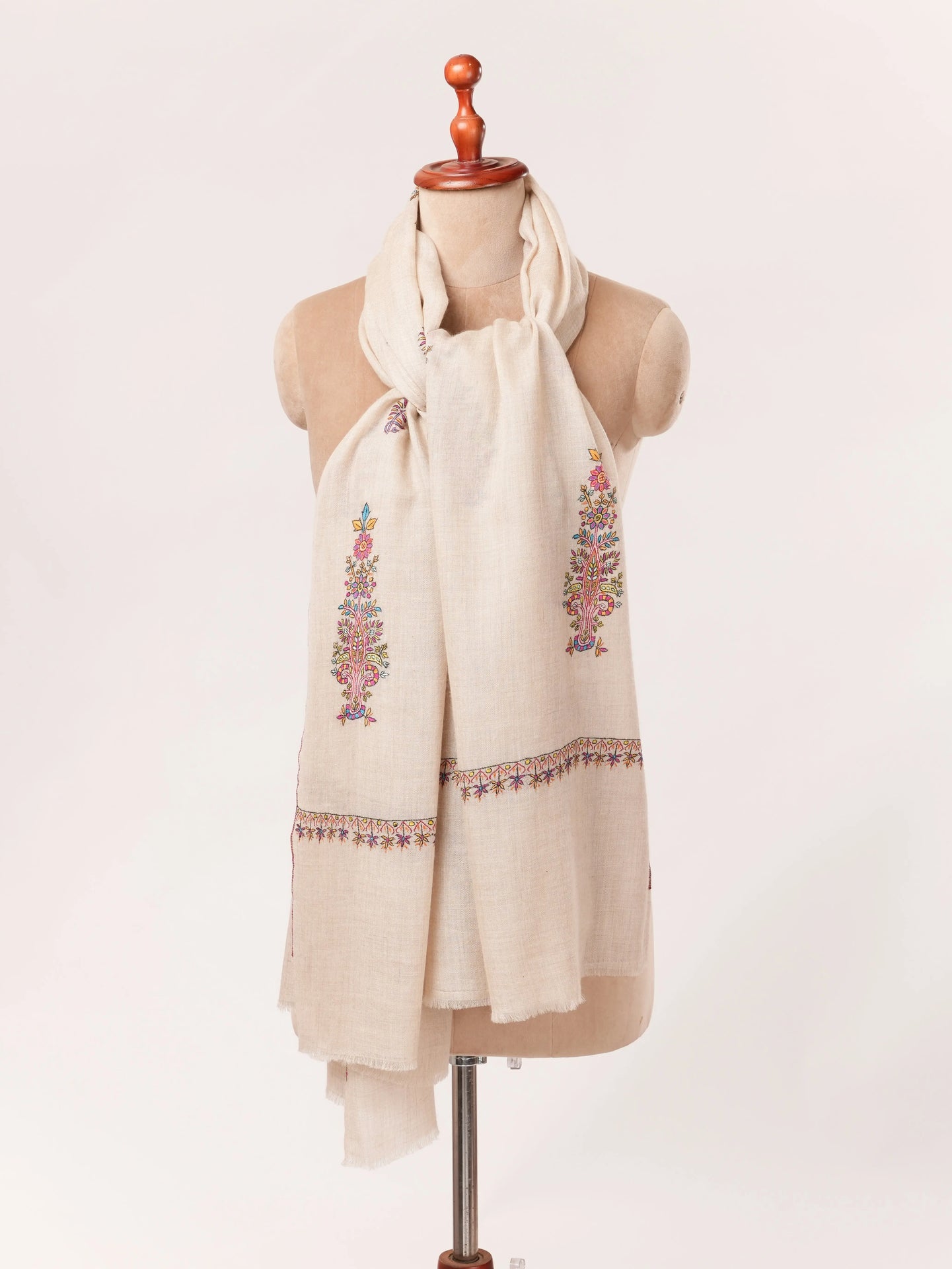 Natural Off White Handwoven Pashmina Shawl with Kashmiri Buteh Hand Embroidery Shahkaar.com