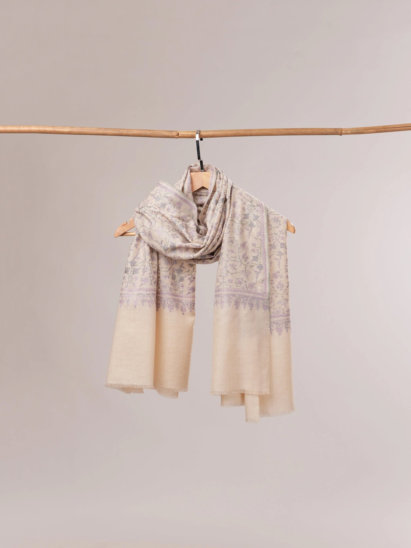 White Jali Pure Pashmina Shawl Embroidered Using Kashmiri Mulberry Silk Shahkaar.com