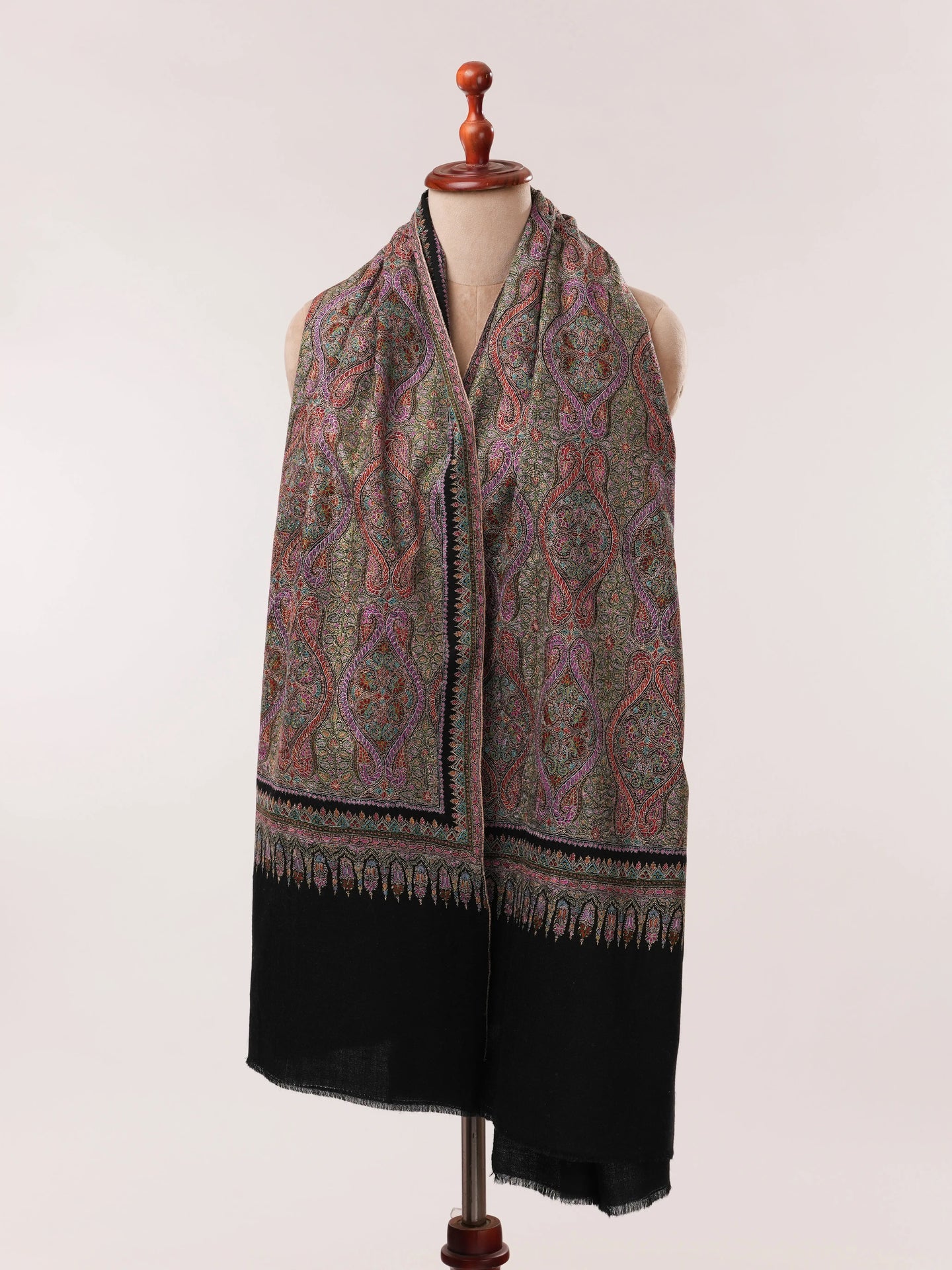 Black Pure Pashmina Shawl with Fine Silk Hand Embroidery in Jamavar Motif Shahkaar.com