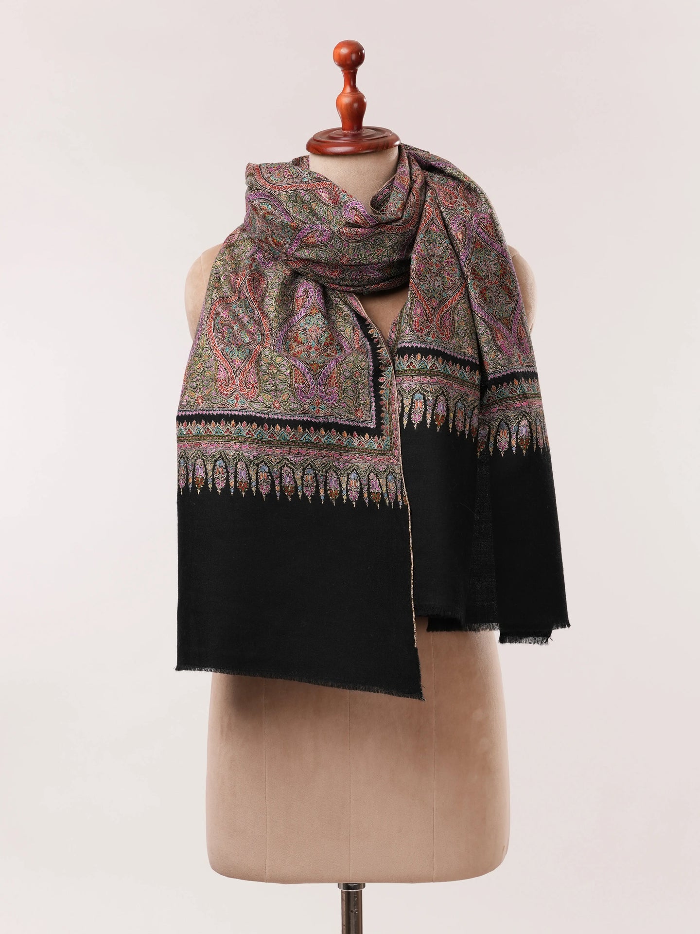 Black Pure Pashmina Shawl with Fine Silk Hand Embroidery in Jamavar Motif Shahkaar.com