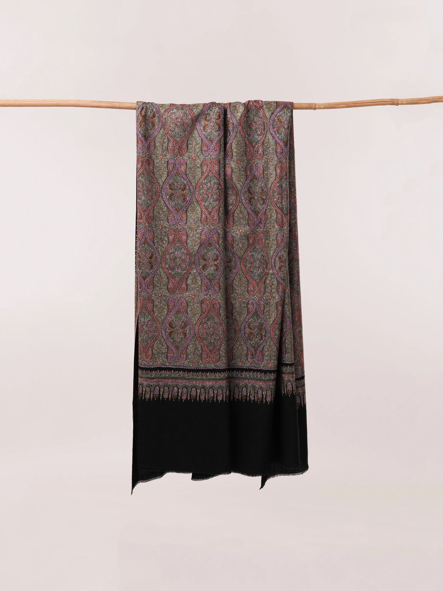 Black Pure Pashmina Shawl with Fine Silk Hand Embroidery in Jamavar Motif Shahkaar.com
