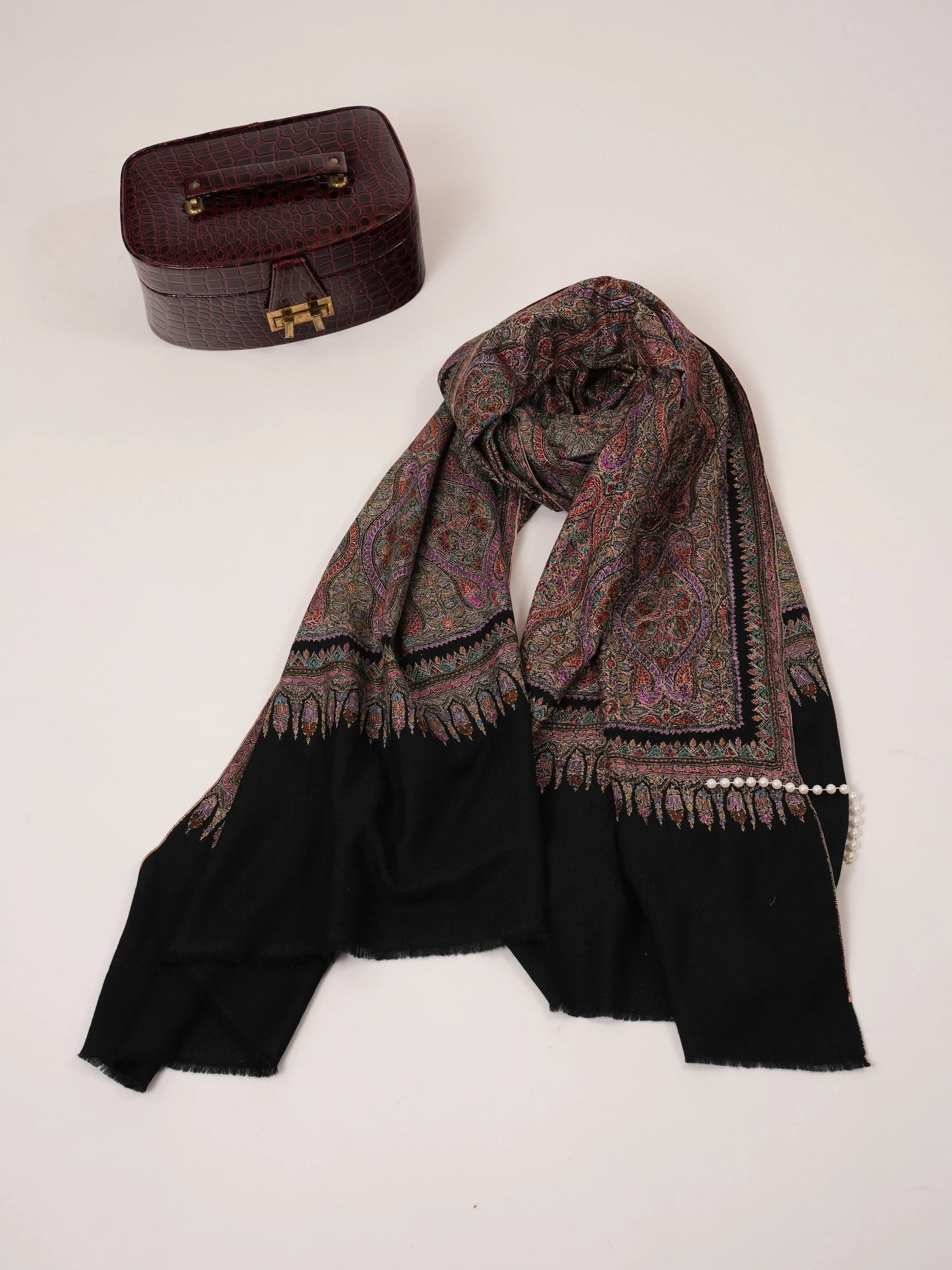 Black Pure Pashmina Shawl with Fine Silk Hand Embroidery in Jamavar Motif Shahkaar.com
