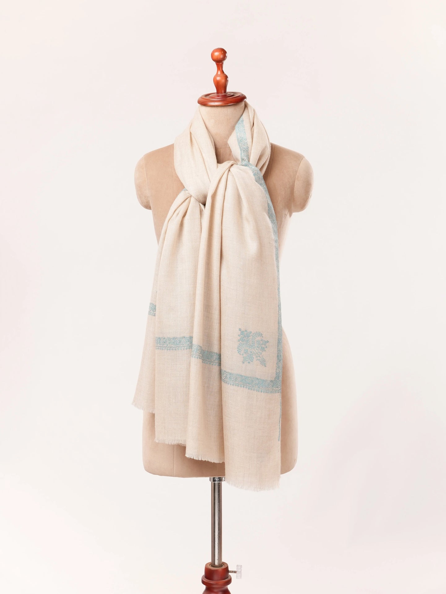 Kashmiri Natural Off White Handwoven Pashmina Shawl with Kashmiri Sozni Buteh Embroidery Shahkaar.com