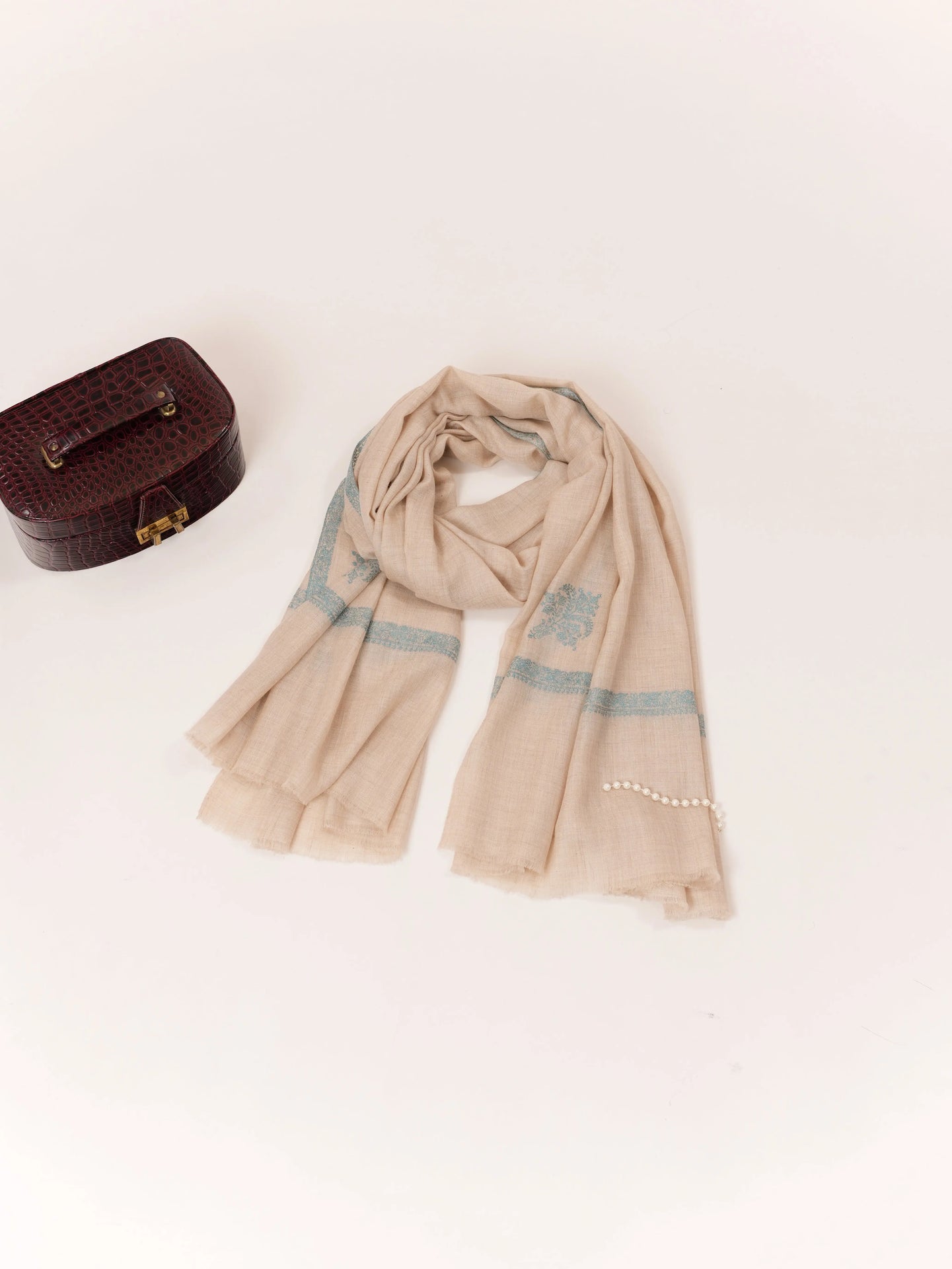 Kashmiri Natural Off White Handwoven Pashmina Shawl with Kashmiri Sozni Buteh Embroidery Shahkaar.com