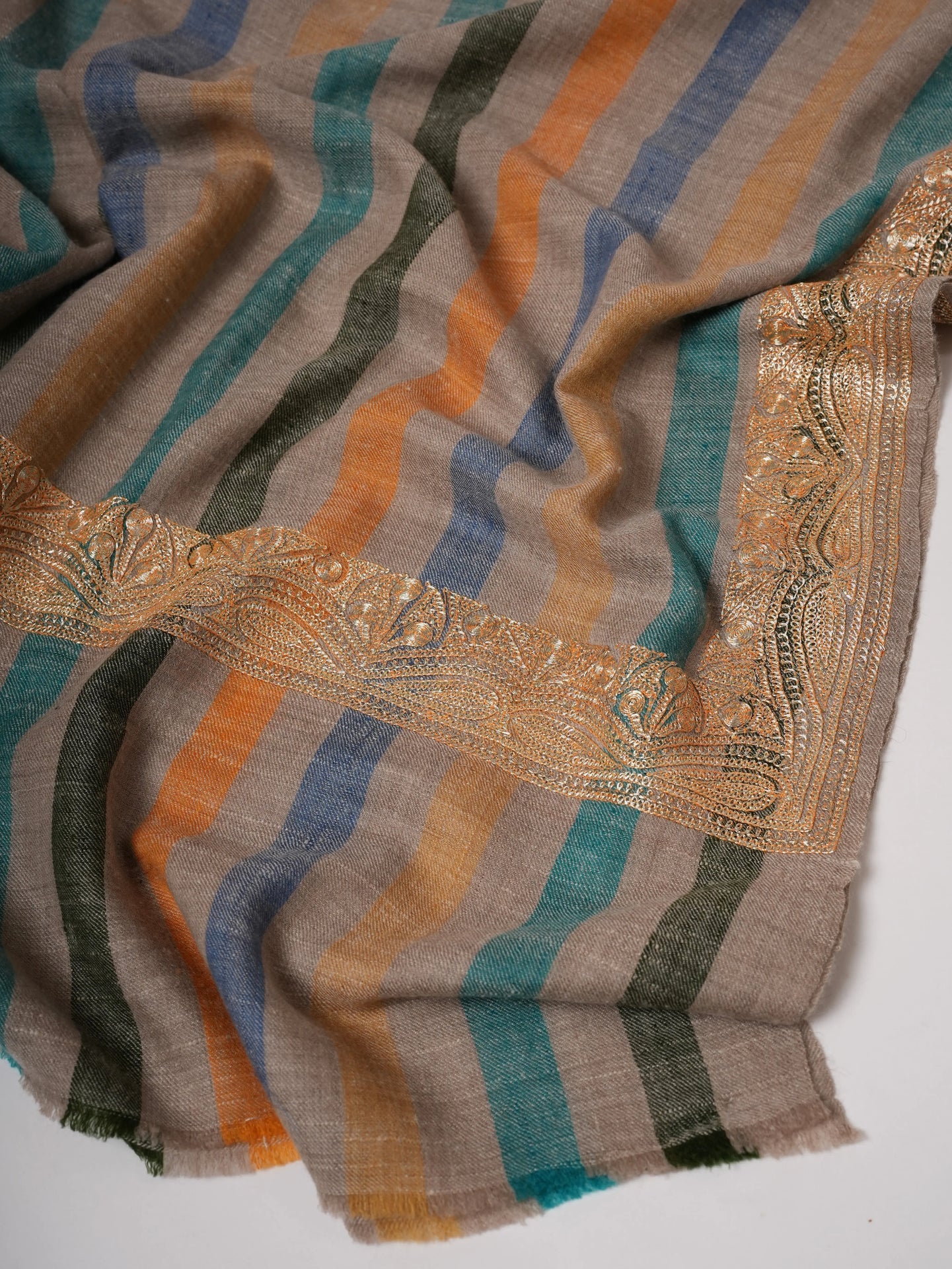 Striped Pashmina Shawl with Gold Tilla Daurdar Embroidery Shahkaar