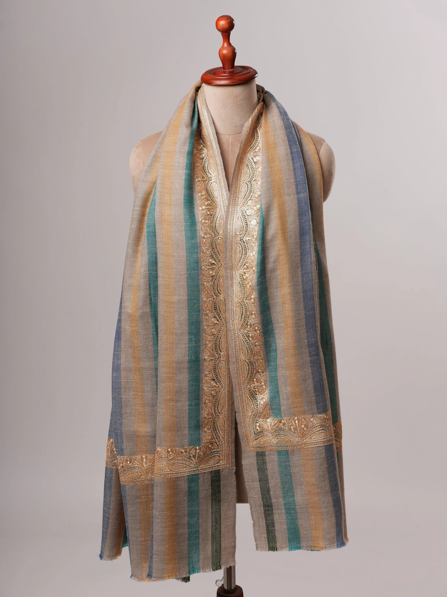 Striped Pashmina Shawl with Gold Tilla Daurdar Embroidery Shahkaar