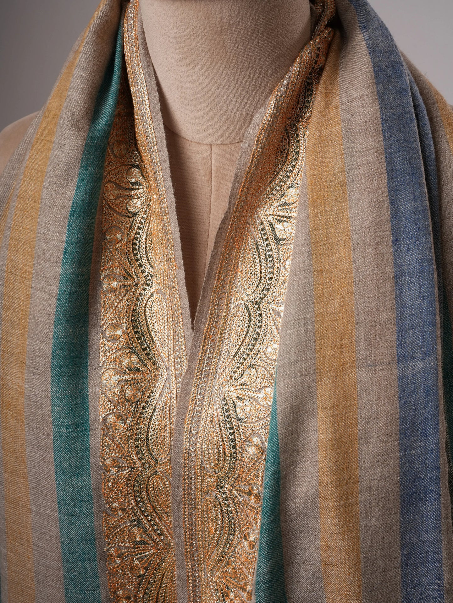 Striped Pashmina Shawl with Gold Tilla Daurdar Embroidery Shahkaar