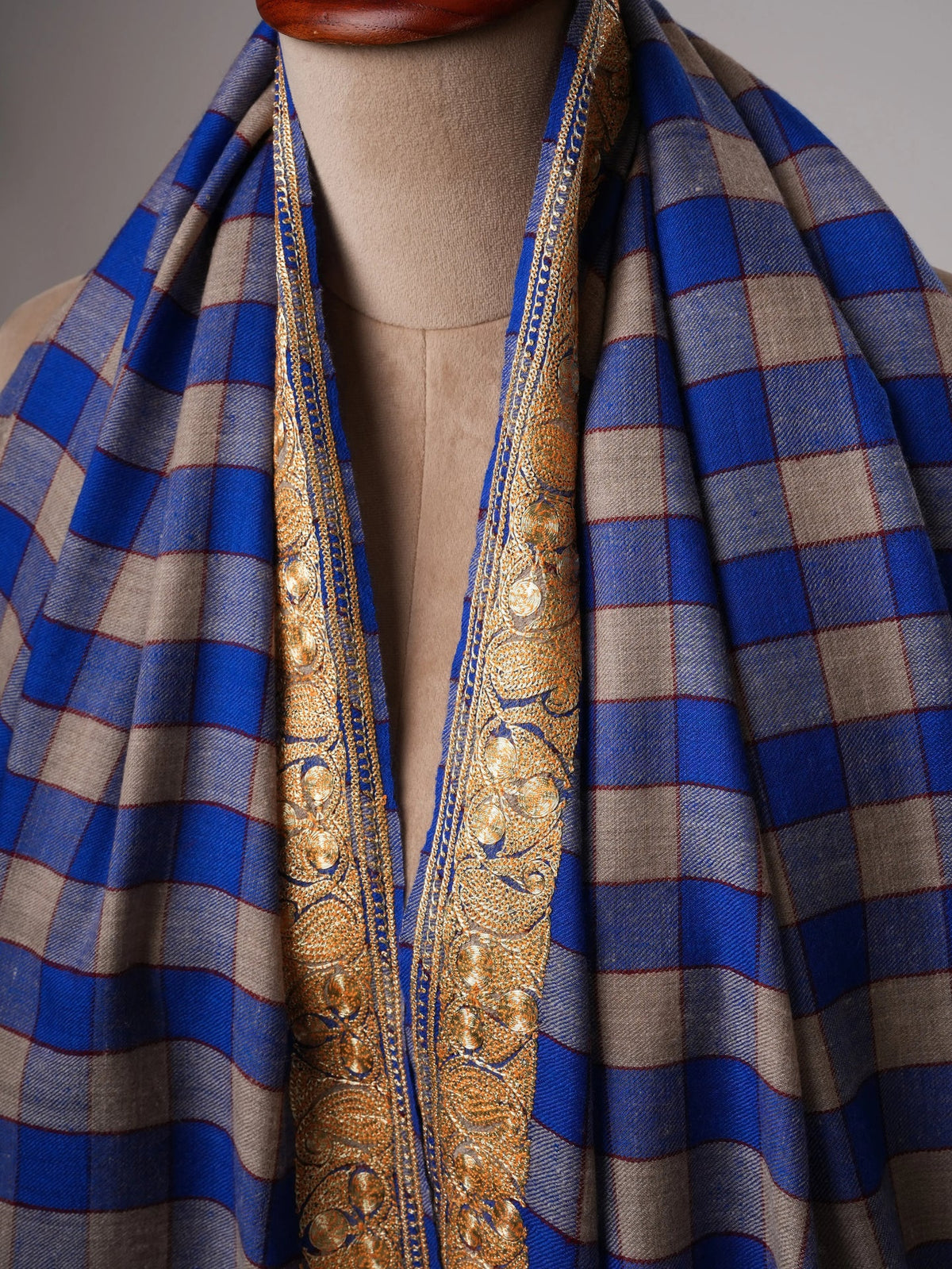 Check Pashmina Shawl with Neemdaur Gold Tilla Embroidery Shahkaar