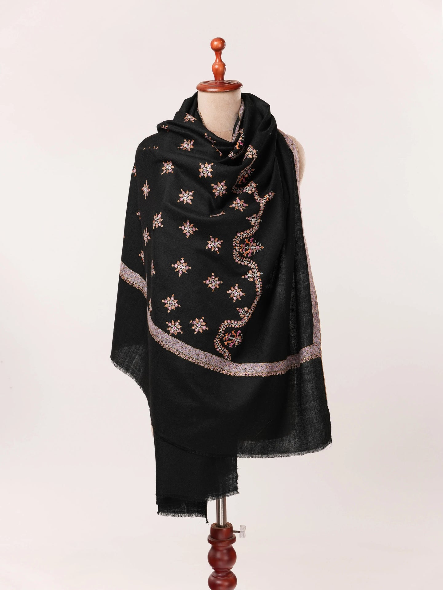 Handwoven Kashmiri Black Pashmina Shawl with Buteh Hashia Hand Sozni Embroidery Shahkaar.com