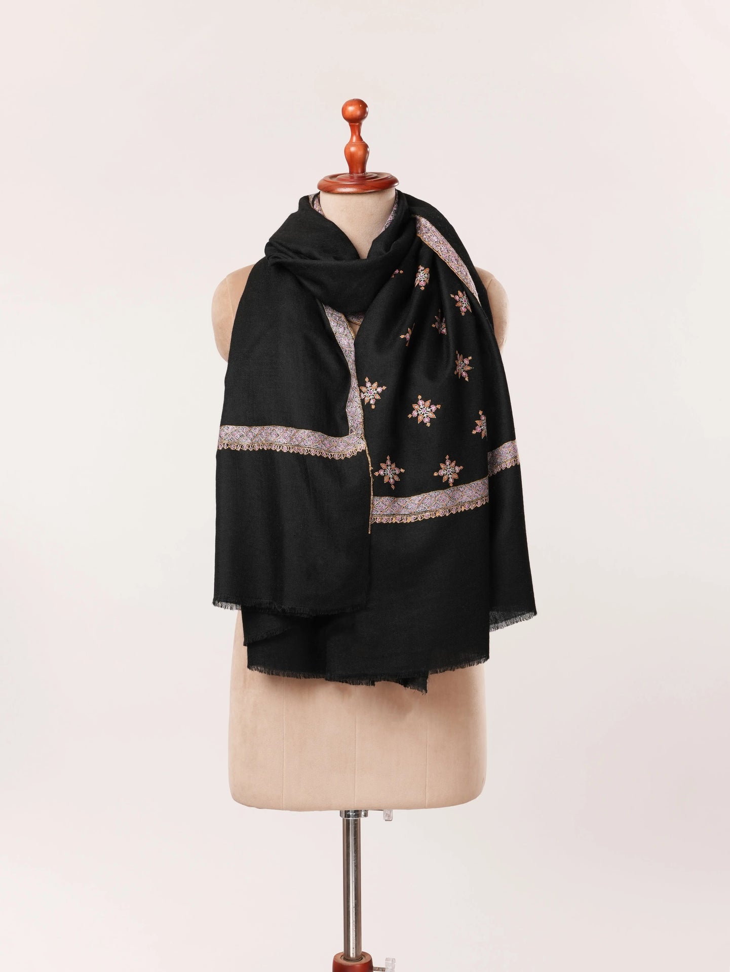 Handwoven Kashmiri Black Pashmina Shawl with Buteh Hashia Hand Sozni Embroidery Shahkaar.com