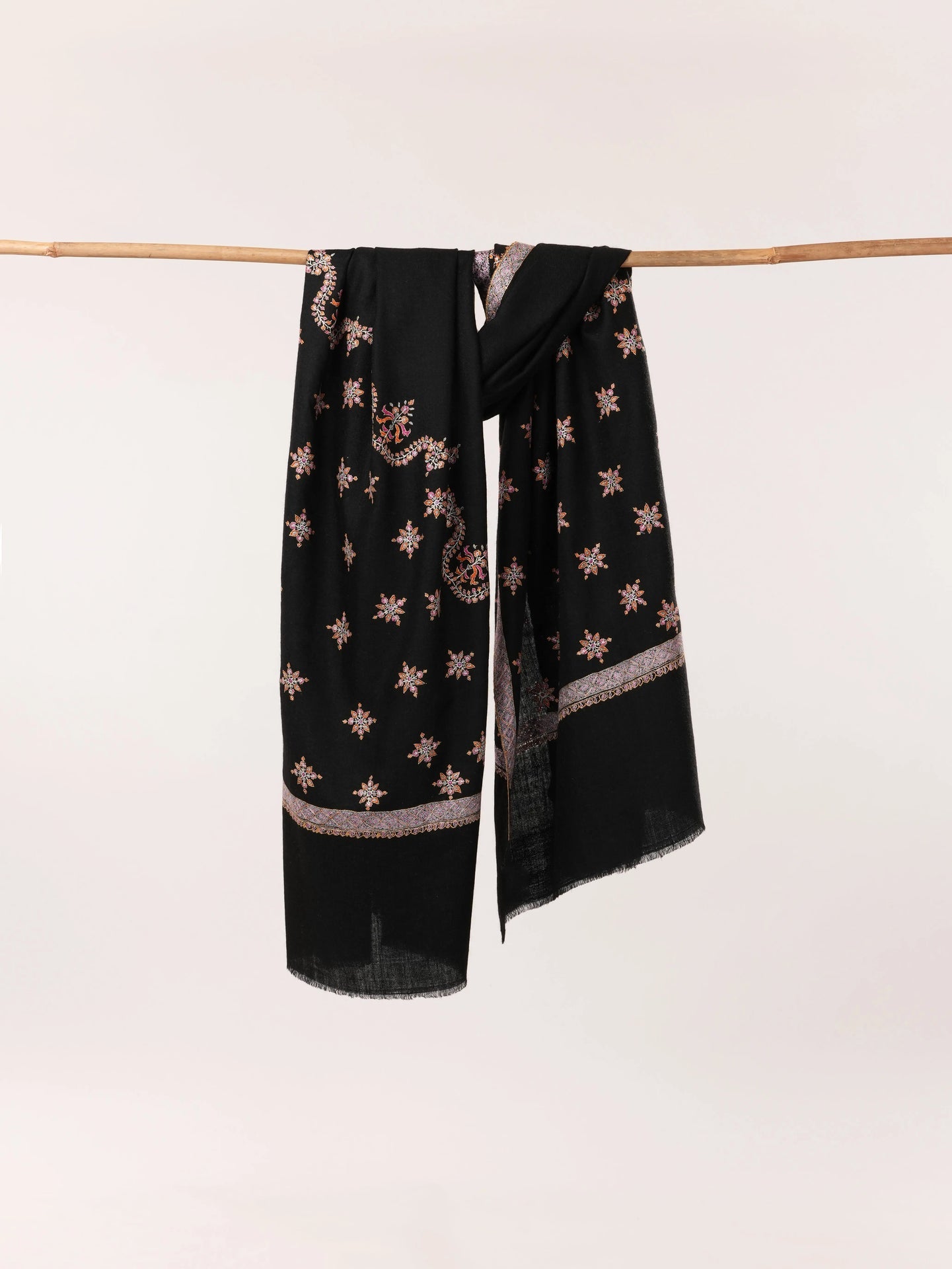 Handwoven Kashmiri Black Pashmina Shawl with Buteh Hashia Hand Sozni Embroidery Shahkaar.com
