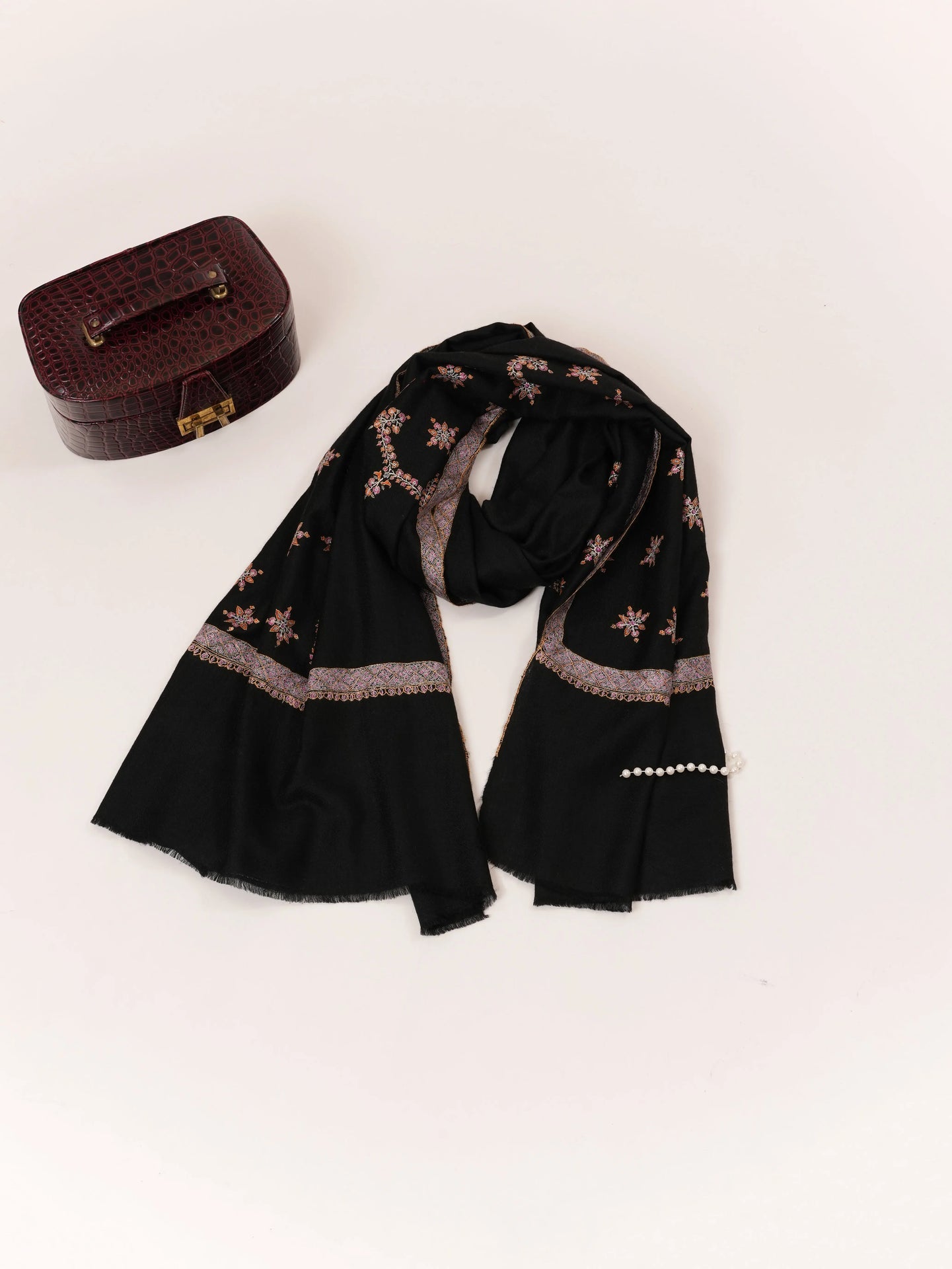 Handwoven Kashmiri Black Pashmina Shawl with Buteh Hashia Hand Sozni Embroidery Shahkaar.com
