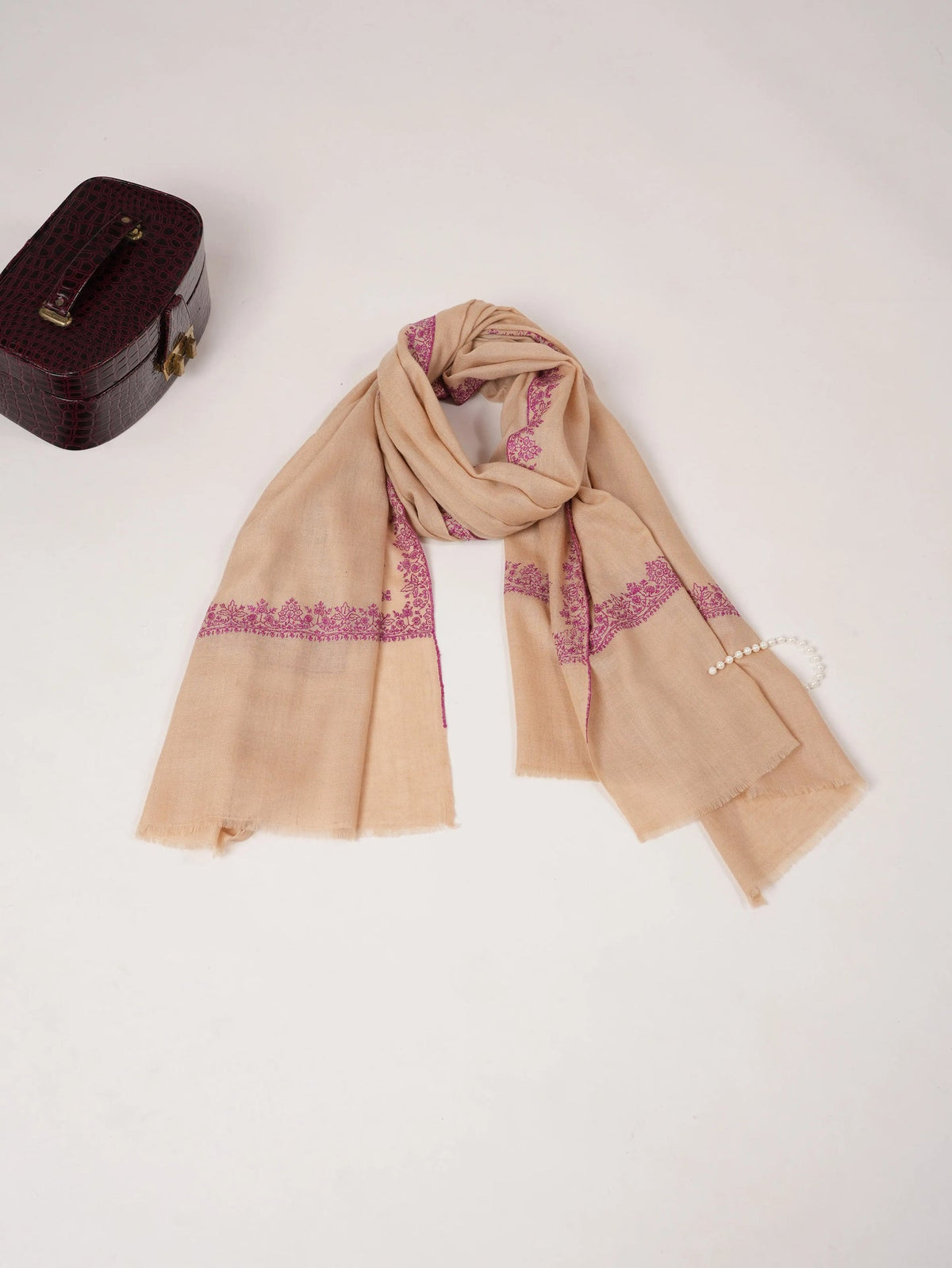 Hashidar Sozni Embroidered Tan Pashmina Shawl