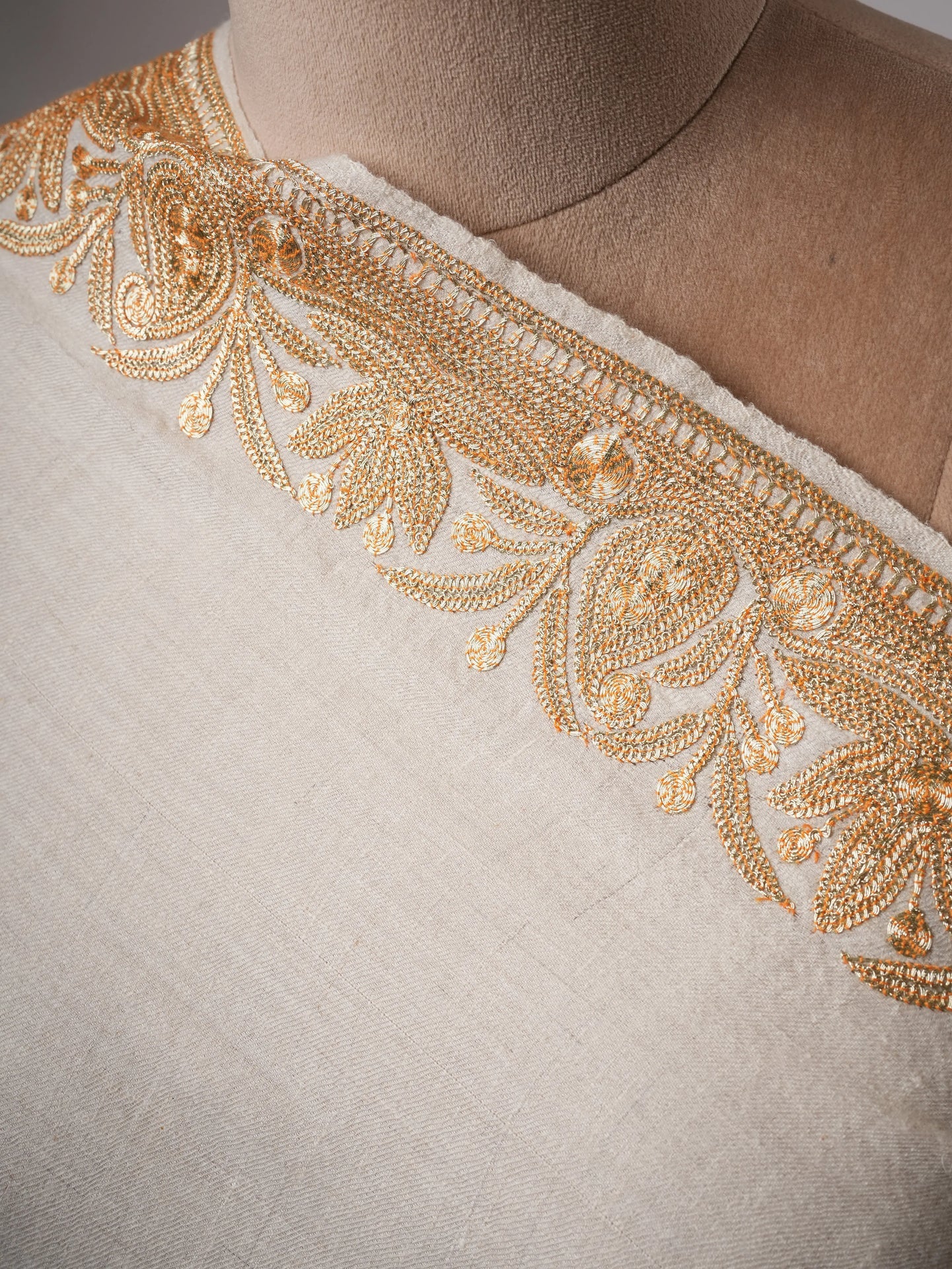 Ivory Pashmina Shawl with Gold Tilla Daurdar Embroidery Shahkaar