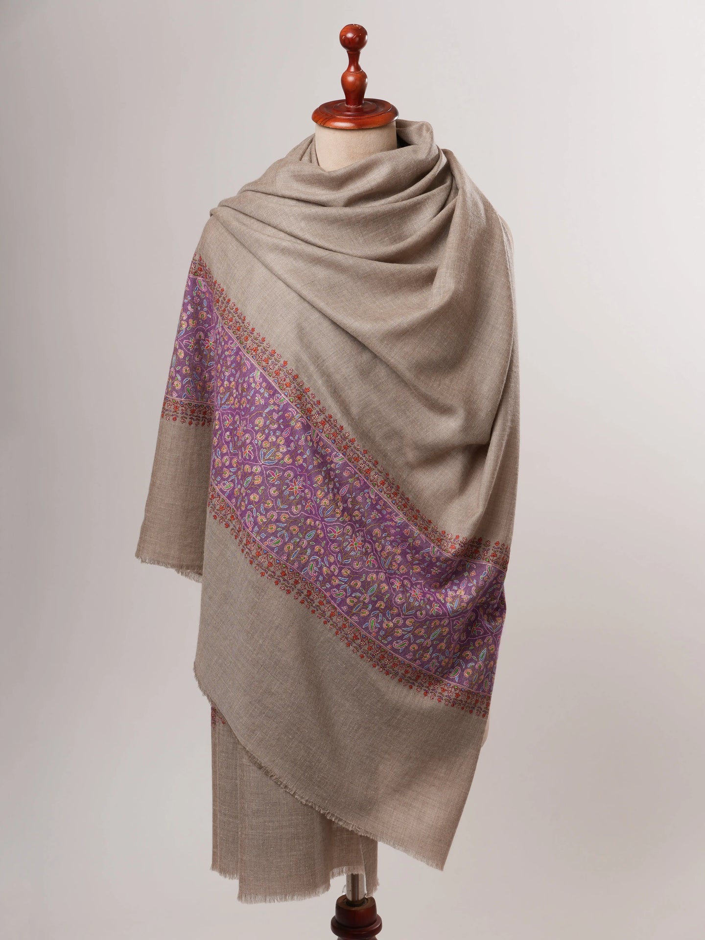 Natural Grey Kashmiri Pashmina Shawl – Palla Purple Sozni Embroidery Shahkaar