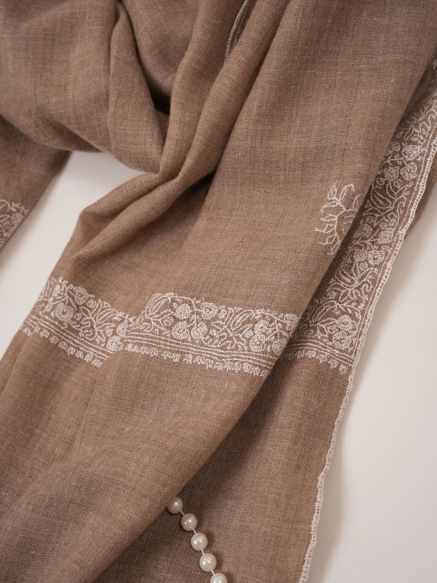 Beige Kashmiri Handwoven Pashmina Shawl with White Sozni Embroidery Shahkaar.com