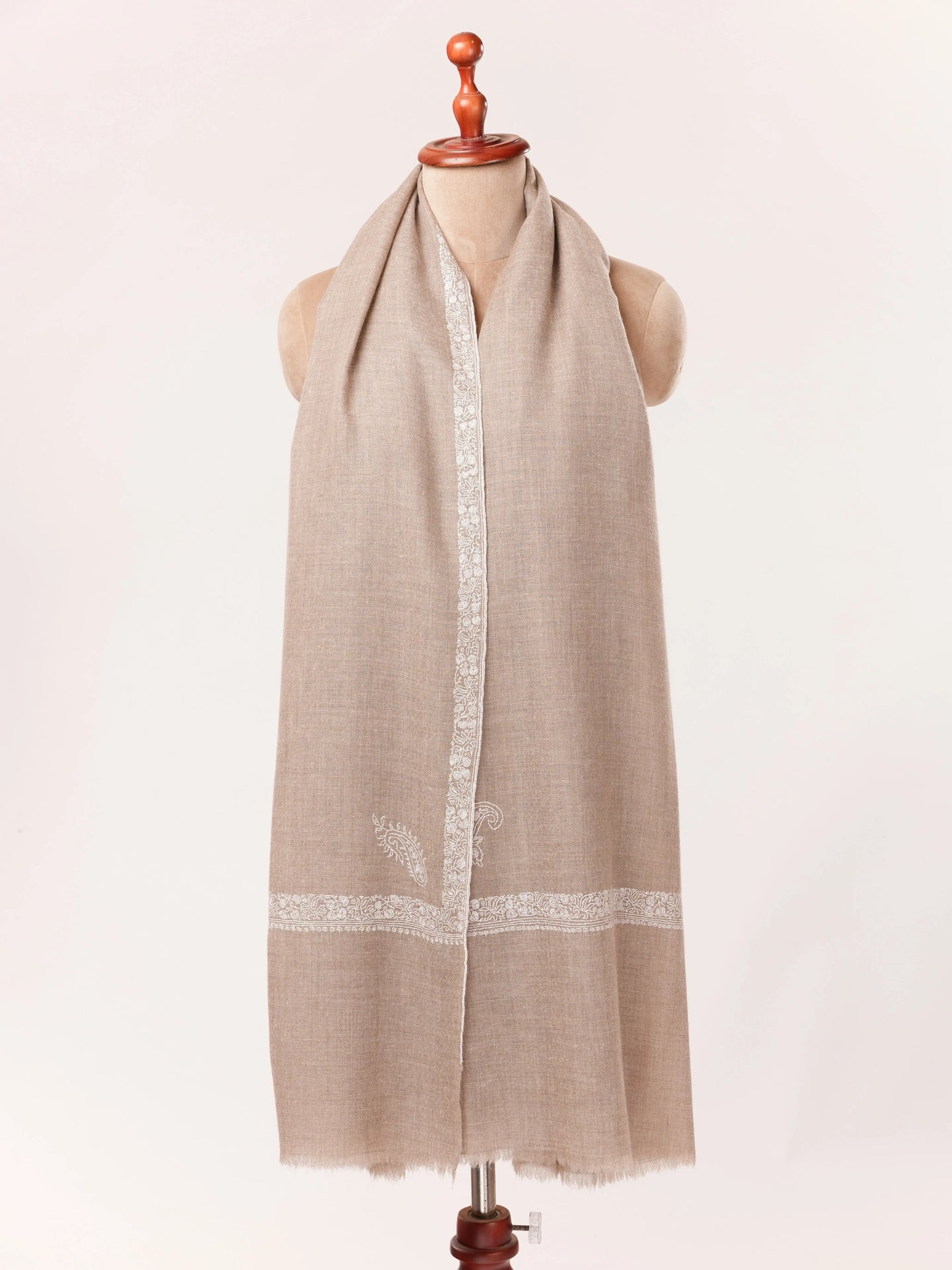 Beige Kashmiri Handwoven Pashmina Shawl with White Sozni Embroidery Shahkaar.com