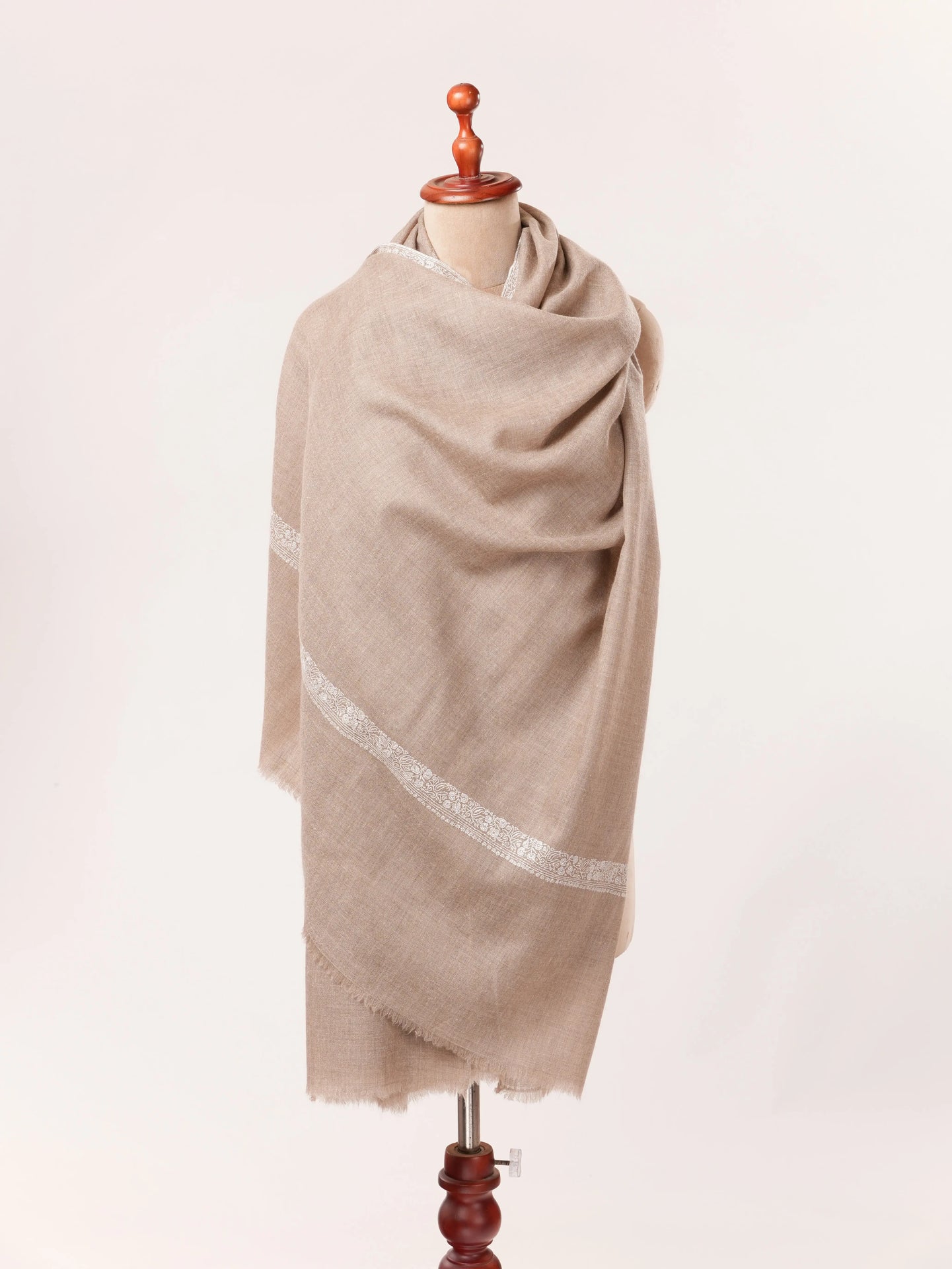 Beige Kashmiri Handwoven Pashmina Shawl with White Sozni Embroidery Shahkaar.com