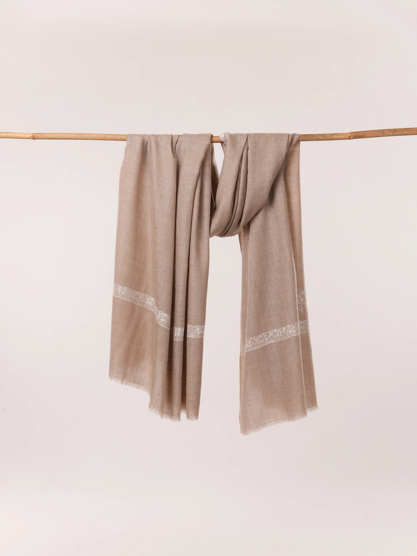 Beige Kashmiri Handwoven Pashmina Shawl with White Sozni Embroidery Shahkaar.com