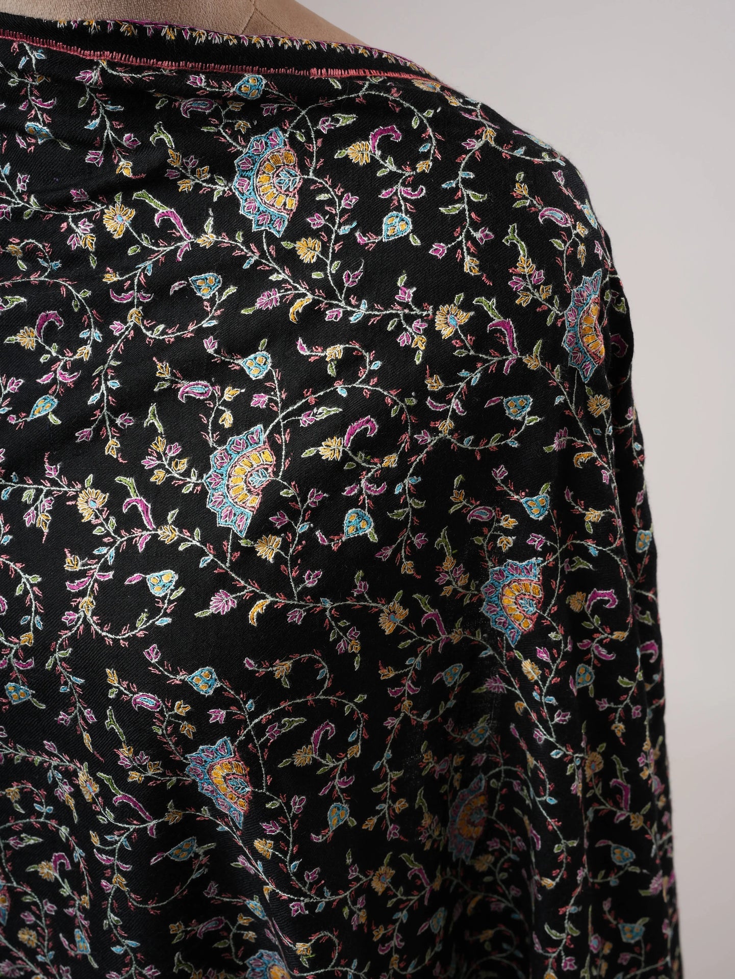 Black Authentic Kashmiri Pashmina with Fine Sozni Embroidery Shahkaar