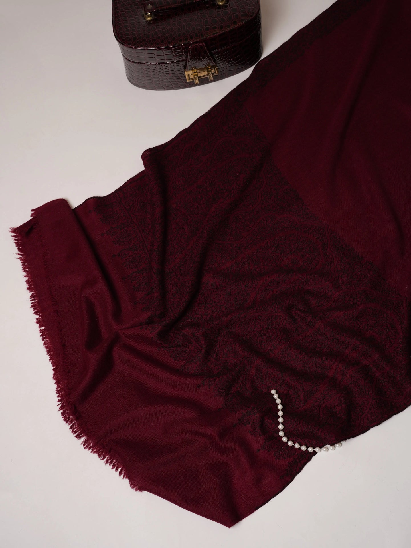 Maroon Cashmere Scarf with Black Hand Embroidery Shahkaar.com