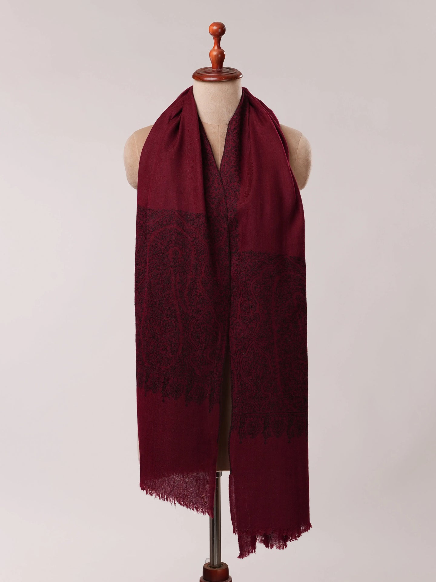 Maroon Cashmere Scarf with Black Hand Embroidery Shahkaar.com
