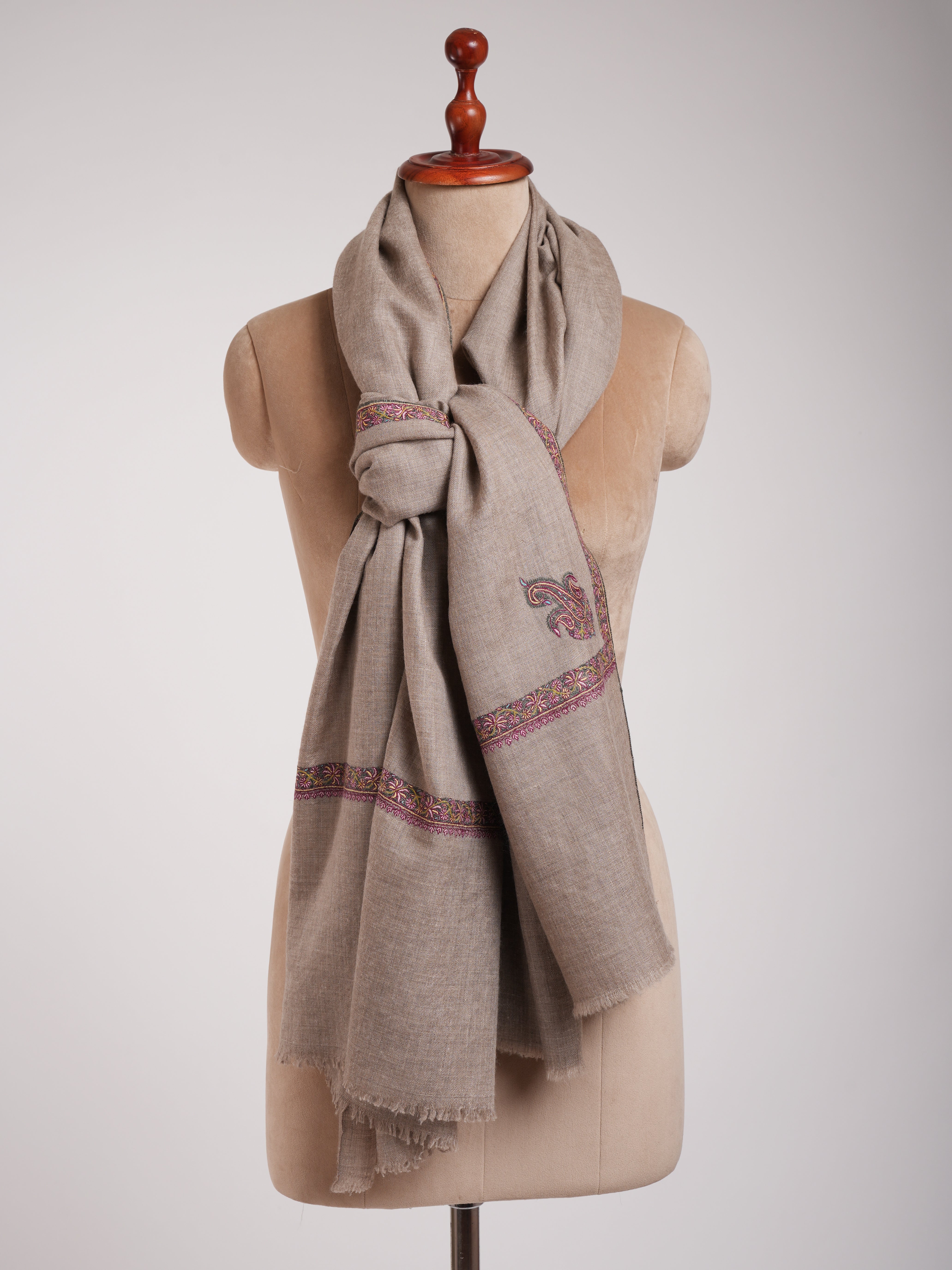 Natural Grey Handloomed Fine Sozni Embroidery Pashmina