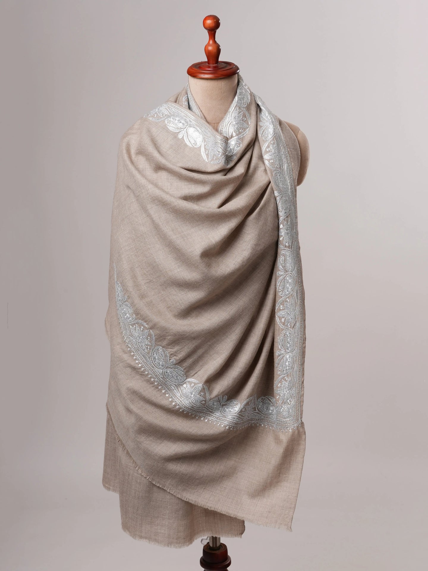 Handwoven Grey Pashmina Shawl Featuring Silver Tilla Embellishments Shahkaar