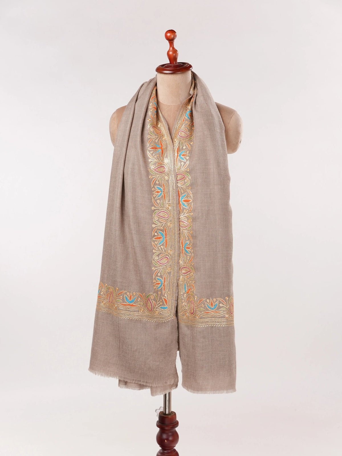 Tilla Embroidered Daurdar Natural Taupe Handwoven Pashmina Shawl from Kashmir Shahkaar.com