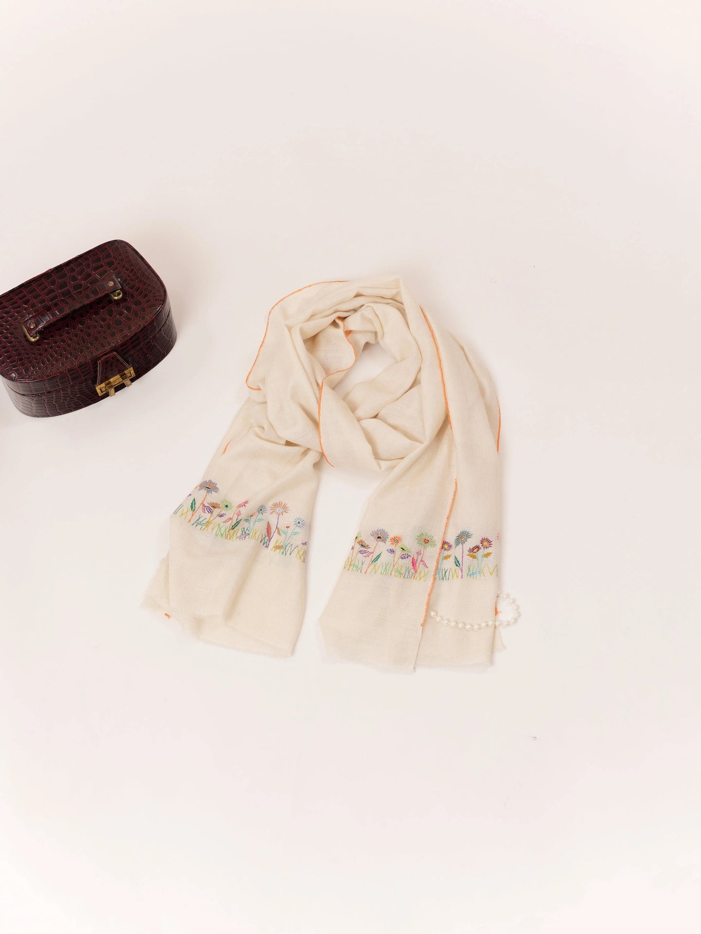 White Palldar Kashmiri Pashmina Scarf with Handwoven Sozni Floral Work Shahkaar.com